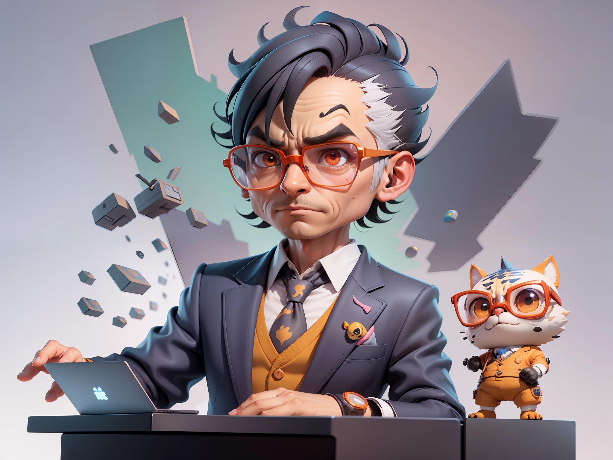 A young man in a suit, Short hair and glasses sat at his desk,holding laptop,digitial painting,tigre,3D character design by Mark Clairen and Pixar and Hayao Miyazaki and Akira Toriyama,4K HD illustration,Very detailed facial features and cartoon-style visuals。