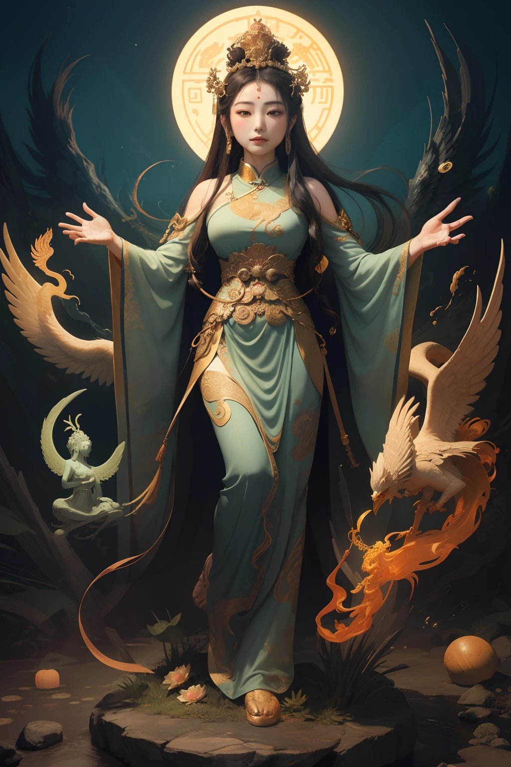 an ancient Chinese goddess, guanyin of the southern seas, Guanyin, Inspired by China, Avalokiteshvara rides a phoenix，,Serene expression,shui mo hua,Buddha,Buddhist,Lotus,Chinese painting style,Thangka style