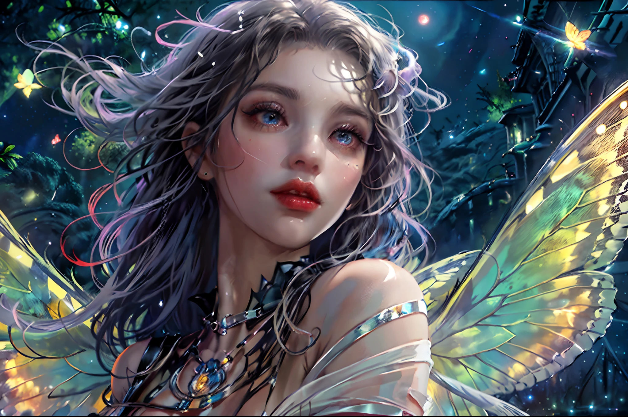 a picture of an exquisite beautiful fairy woman flying at starry night sky at the forest, dynamic angle (ultra detailed, Masterpiece, best quality), ultra detailed face (ultra detailed, Masterpiece, best quality), ultra feminine, fare skin, azure hair, wavy hair, dynamic eyes color, glowing eyes, intense eyes,  wearing white dress, elegant silk dress (ultra detailed, Masterpiece, best quality), having butterfly wings (ultra detailed, Masterpiece, best quality), wearing high heeled boots, sky full of stars background, moon, best details, 8k, [ultra detailed], masterpiece, best quality, (ultra detailed), full body, ultra wide shot, photorealism, fantasy art,  Larry Elmore style,