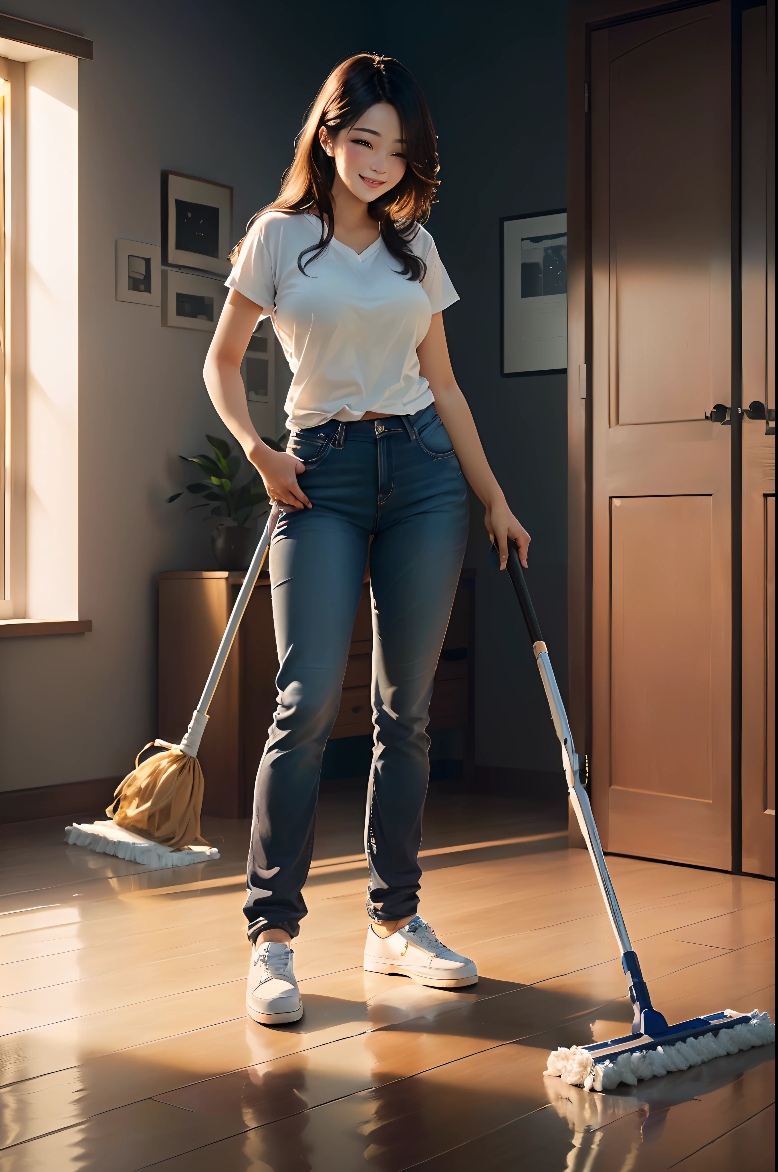 HAPPY woman in white shirt and jeans cleaning hardwood floor with mop, sweeping, beautiful raking sunlight, cleaning future, cleanest image, with a walking cane, majestic sweeping action, clean image, extremely clean, a person standing in front of a, clean and neat, 8 k cleaning future, 8k cleaning future, crisp smooth clean lines, wearing a baggy, REAL FACE AND HAPPY