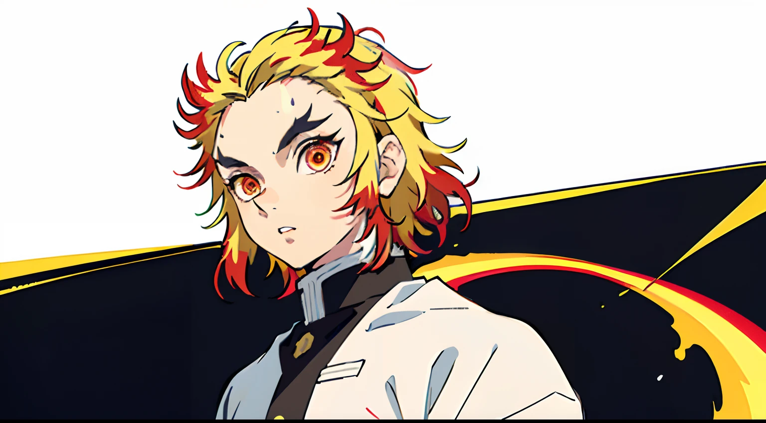 (Masterpiece, Best Quality:1.2),  1boy, male focus, Rengoku Kyojuro, Split eyebrows, Demon Slayer Uniform, Grayscale, 独奏, looking a viewer, Short hair, parted lips, long sleeves, upper-body, japanese clothes, holding, multi-colored hair, Black background, haori, (tmasterpiece), (beste-Qualit), (overdetalization), (trendy clothes), stands, Model, looks at the viewer, (interview), (Simple background), beautiful detail eyes,  soaring, (high saturation), (Colorful splashes), Colorful Bubble, (radiance), facial focus, (radiance), better lighting, better shadow, (tmasterpiece, hiquality, beste-Qualit),
