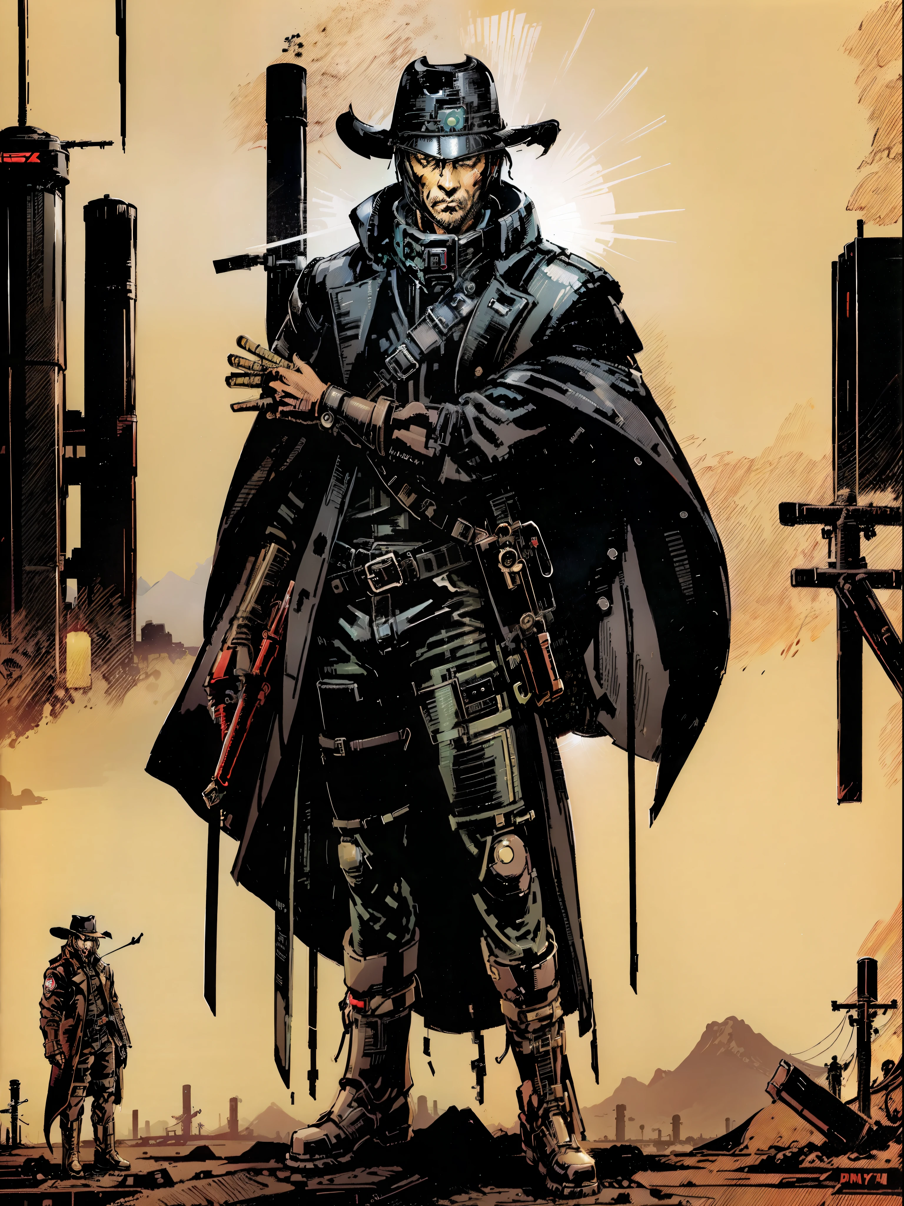 there is a man in a hat and trench coat holding , in a post apocalyptic setting, japanese cyberpunk wild west, post - apocalyptic cowboy, post apocalyptic explorer, post apocalyptic japanese western style, cyberpunk style outfit, post apocalyptic, cinematic full body shot, post apocalyptic attire, cyberpunk street goon, western steampunk cybo