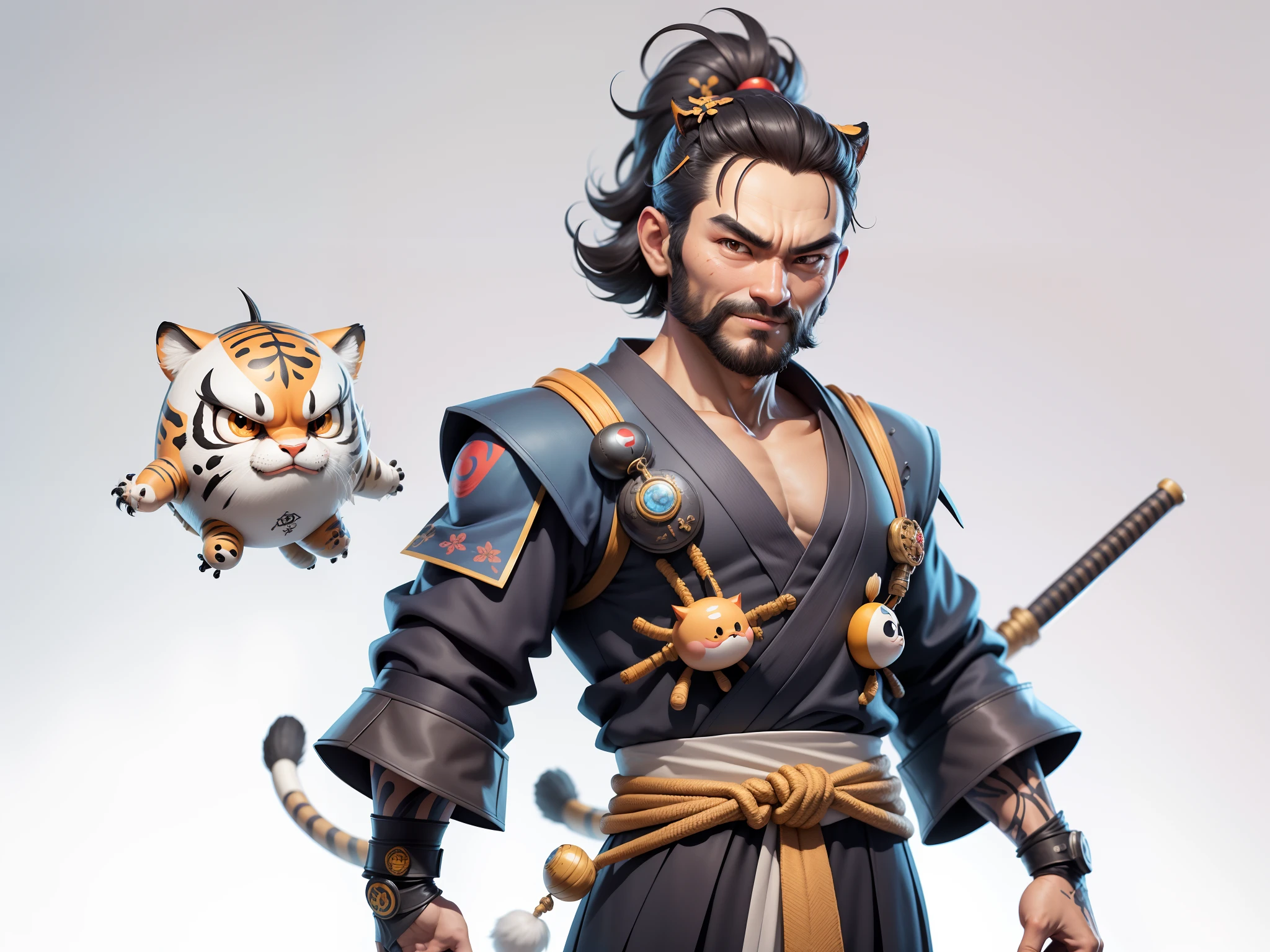 (Daisaku),(Need),(Super meticulous),(full bodyesbian:1.2),Super young man with Japanese geisha,Beautiful,orient,one tiger,Aeolian Thor,Raised sexy,爆乳,Oriental face,TV Anchor,Bust portrait illustration,In black suit,a blue tie,The face is slightly chubby,The face was clean,without a beard,Black super short hair,Black eyes,Smile confidently,3C computer sub-products,iPad, iphone,Digital painting,3D character design by Mark Clairen and Pixar and Hayao Miyazaki and Akira Toriyama,The illustration is a high-definition illustration in 4K resolution,With very detailed facial features and cartoon-style visuals。