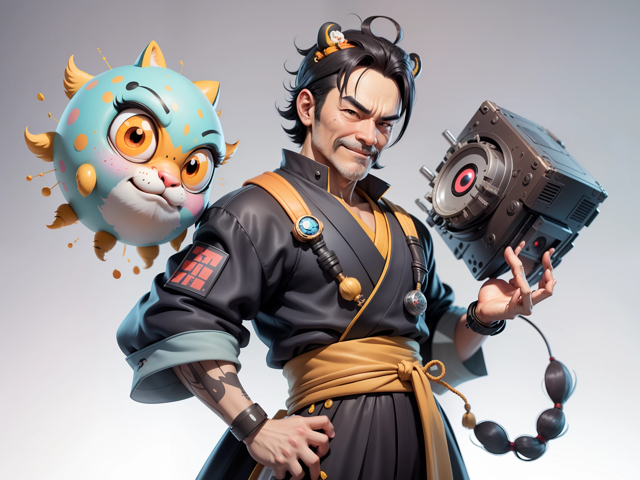 (Daisaku),(Need),(Super meticulous),(full bodyesbian:1.2),Super young man with Japanese geisha,Beautiful,orient,one tiger,Aeolian Thor,Raised sexy,爆乳,Oriental face,TV Anchor,Bust portrait illustration,In black suit,a blue tie,The face is slightly chubby,The face was clean,without a beard,Black super short hair,Black eyes,Smile confidently,3C computer sub-products,iPad, iphone,Digital painting,3D character design by Mark Clairen and Pixar and Hayao Miyazaki and Akira Toriyama,The illustration is a high-definition illustration in 4K resolution,With very detailed facial features and cartoon-style visuals。