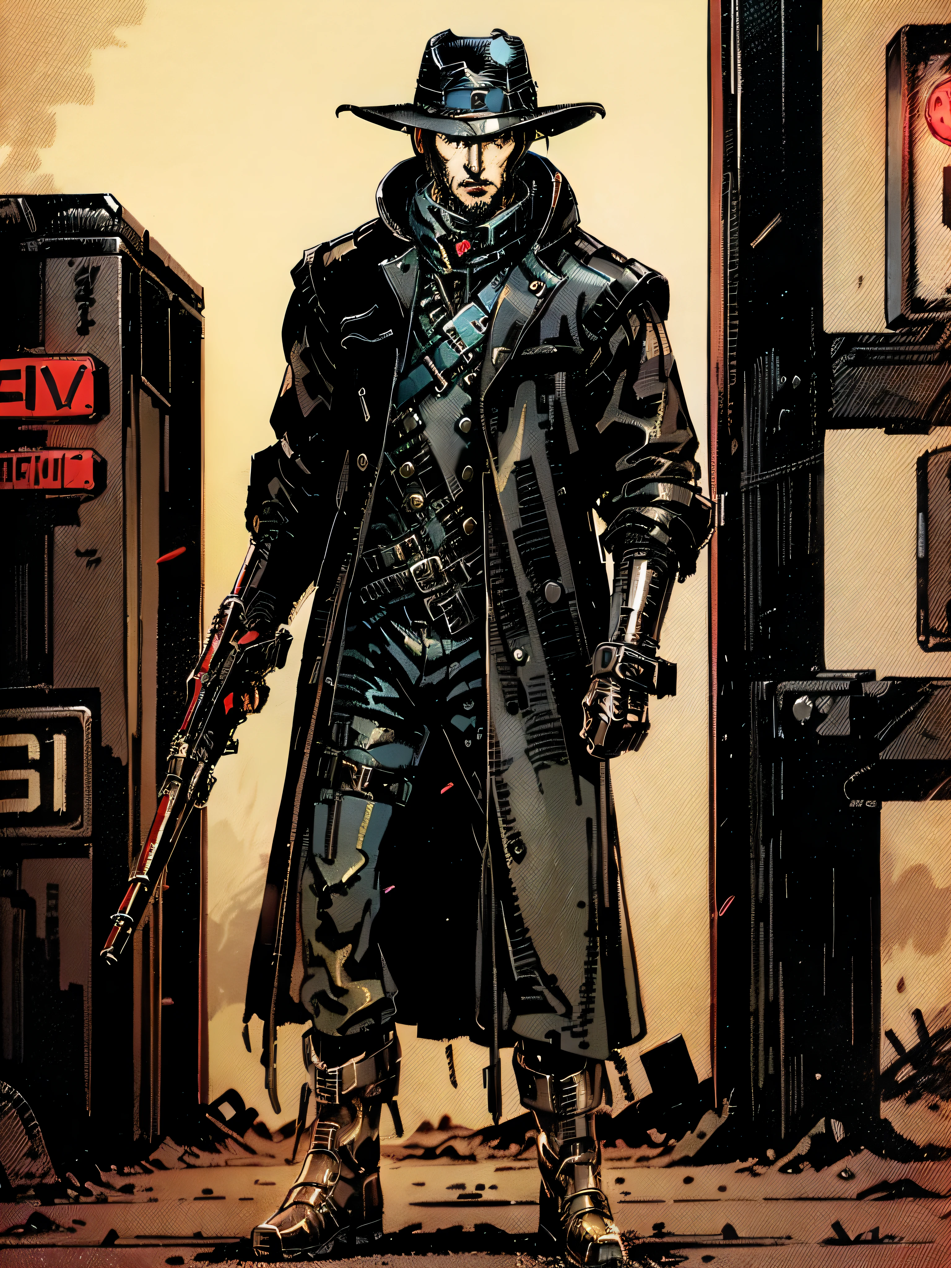there is a man in a hat and trench coat holding , in a post apocalyptic setting, japanese cyberpunk wild west, post - apocalyptic cowboy, post apocalyptic explorer, post apocalyptic japanese western style, cyberpunk style outfit, post apocalyptic, cinematic full body shot, post apocalyptic attire, cyberpunk street goon, western steampunk cybo