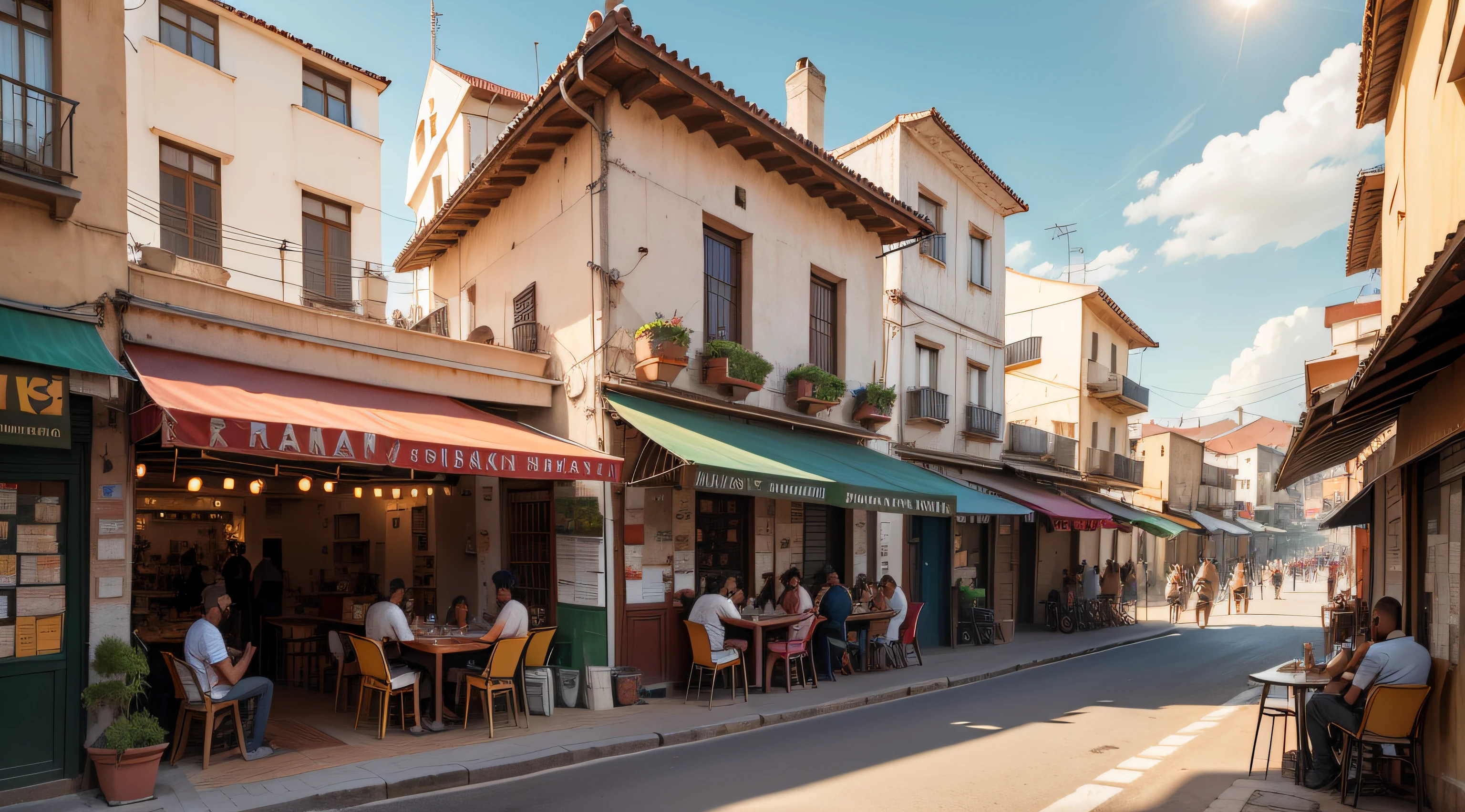 Panoramic view of busy street, The sun is high and strong, In the foreground the young man sitting at a terrace table waits for lunch, 8k, hiper realista, alta resolução, alto detalhe