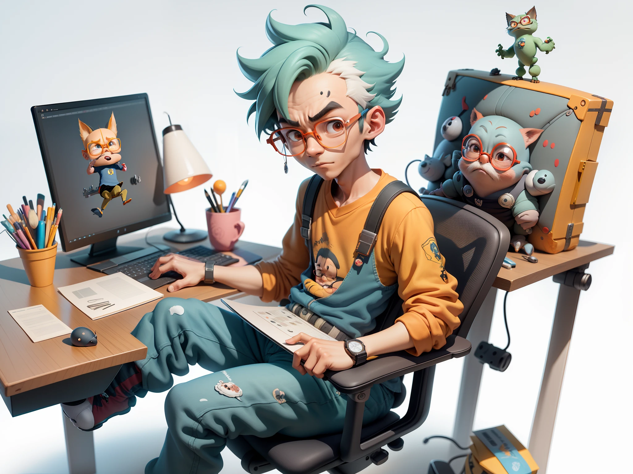 A young man with glasses sits at his desk,holding laptop,digitial painting,3D character design by Mark Clairen and Pixar and Hayao Miyazaki and Akira Toriyama,4K HD illustration,Very detailed facial features and cartoon-style visuals。