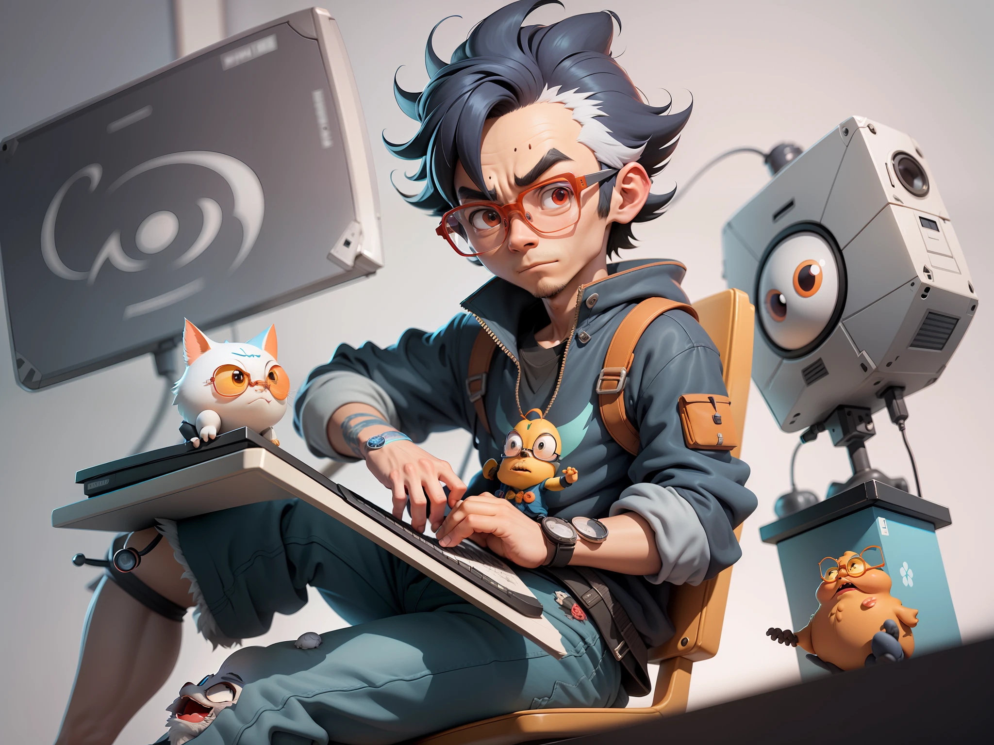 A young man with glasses sits at his desk,holding laptop,digitial painting,3D character design by Mark Clairen and Pixar and Hayao Miyazaki and Akira Toriyama,4K HD illustration,Very detailed facial features and cartoon-style visuals。