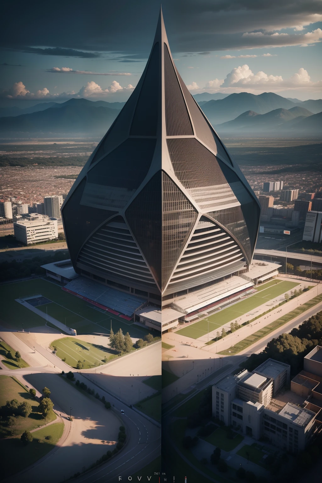 Create a football stadium for the year 2124, stadium for the club SÃO PAULO , com cores do clube, realista, tem ser muito moderno e futurista, 8k, a imagem dever se vista do alto, "arte digital" e "fotorrealista". como se fosse filmado por um Drone, virtual, imagem 9x16, tons suaves, detalhes insanos, detalhes intrincados, hiperdetalhados, baixo contraste, soft Cinematic Light, cores escuras, exposure blending, hdr, desbotado, slate grey atmosphere, DIGITAL