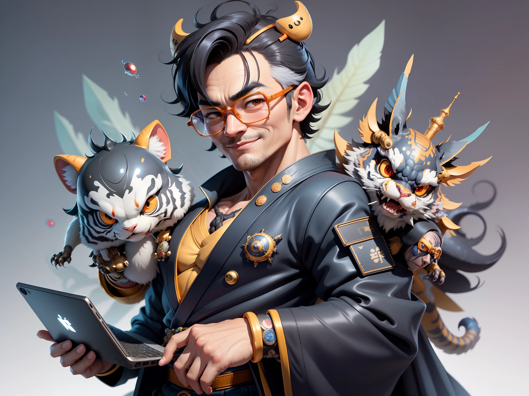 (Masterpiece), (Extreme Quality), (Super Meticulous), (Full Body: 1.2), Super Young Man, Chinese Dragon, Tiger, Wind God Thor, Sexy, Bursting, Oriental Face, TV Anchor, Bust Portrait Illustration, Black Formal Suit, Blue Tie, Slightly Chubby Face, Silver Glasses, Very Clean Face, No Beard on Chin, Black Super Short Hair, Black Eyes, Confident Smile, 3c Computer Sub-Products, iPad, iPhone, Digital Painting, 3D Character Design by Mark Claireden and Pixar and Hayao Miyazaki and Akira Toriyama, The illustration is a high-definition illustration in 4K resolution with very detailed facial features and cartoon-style visuals.
