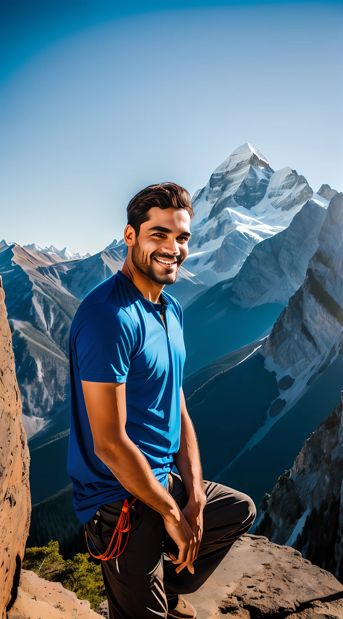 There is a man standing on a rock at the top of the monhanta with a mountain in the background,
