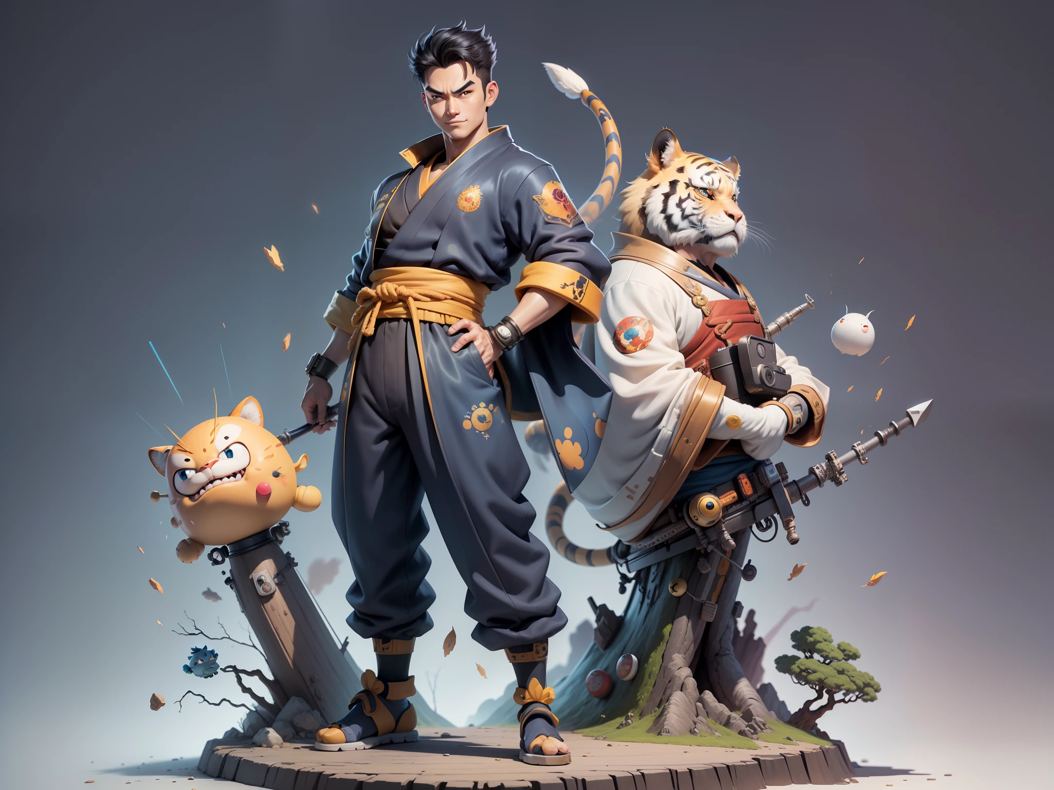(Masterpiece), (Excellent), (Super Meticulous), (Full Body: 1.2), Super Young Man, Oriental Face, Japanese Kimono, Japanese Wind Thunder God, Dragon, Tiger, TV Anchor, Bust Portrait Illustration, Alone, Black Suit, Blue Tie, Slightly Chubby Face, Very Clean Face, No Beard, Black Super Short Hair, Black Eyes, Confident Smile, 3c Computer Sub-Products, iPad, iPhone, Digital Painting, 3D Character Design by Akira Toriyama and Mark Claireden and Pixar and Hayao Miyazaki, The illustration is a high-definition illustration in 4K resolution with very detailed facial features and cartoon-style visuals.