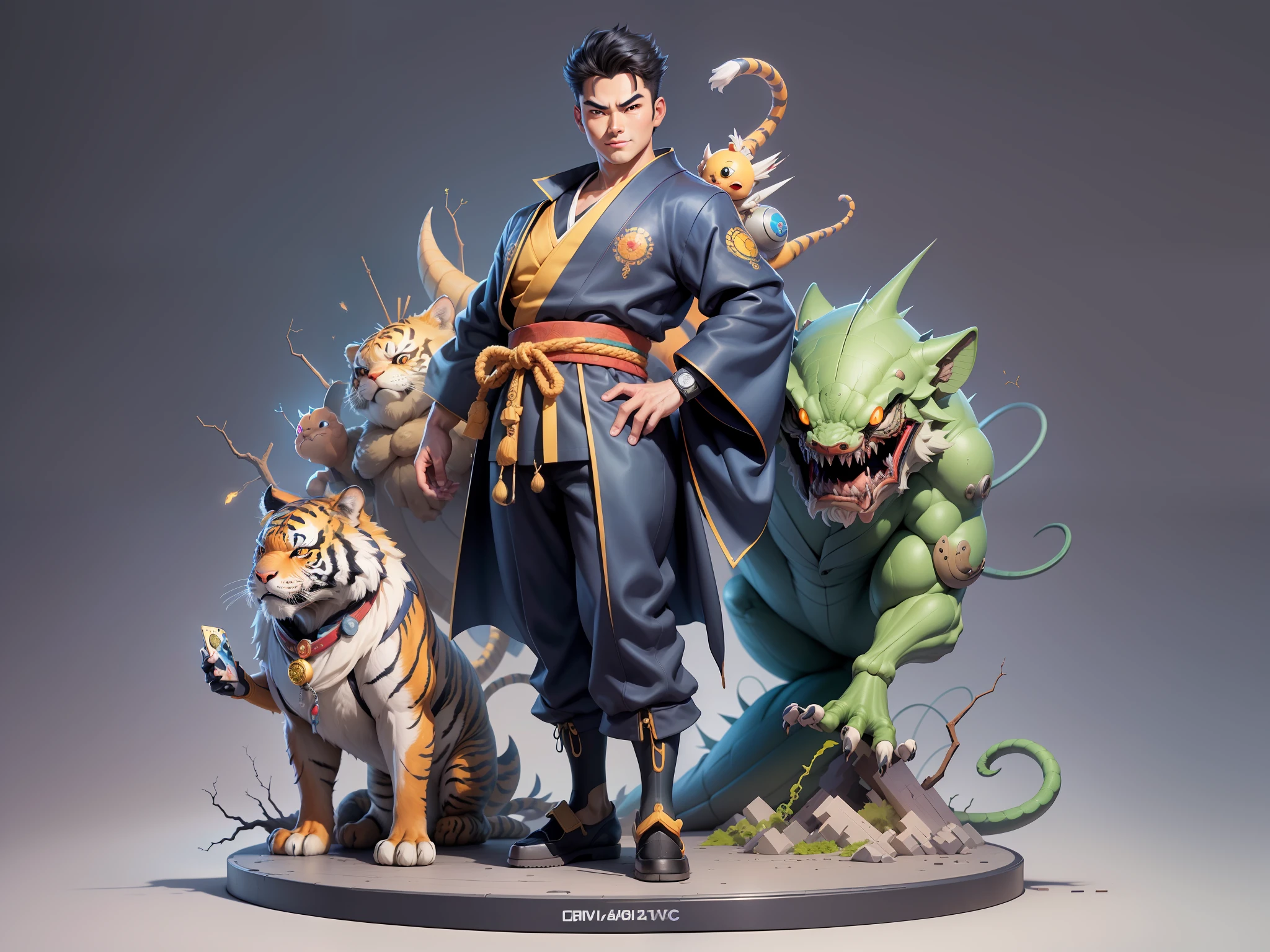 (Masterpiece), (Excellent), (Super Meticulous), (Full Body: 1.2), Super Young Man, Oriental Face, Japanese Kimono, Japanese Wind Thunder God, Dragon, Tiger, TV Anchor, Bust Portrait Illustration, Alone, Black Suit, Blue Tie, Slightly Chubby Face, Very Clean Face, No Beard, Black Super Short Hair, Black Eyes, Confident Smile, 3c Computer Sub-Products, iPad, iPhone, Digital Painting, 3D Character Design by Akira Toriyama and Mark Claireden and Pixar and Hayao Miyazaki, The illustration is a high-definition illustration in 4K resolution with very detailed facial features and cartoon-style visuals.