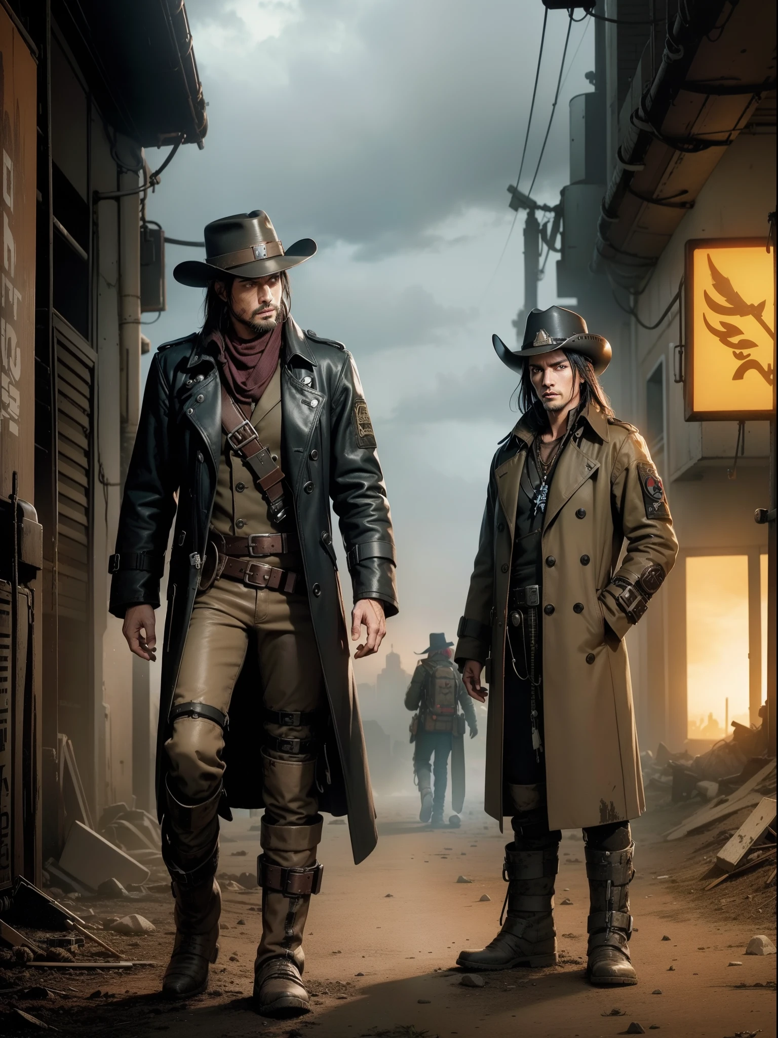 there is a man in a hat and trench coat , in a post apocalyptic setting, cyberpunk wild west, post - apocalyptic cowboy, post apocalyptic explorer, post apocalyptic style, cyberpunk style outfit, post apocalyptic, cinematic full body shot, post apocalyptic attire, cyberpunk , western cyberpunk