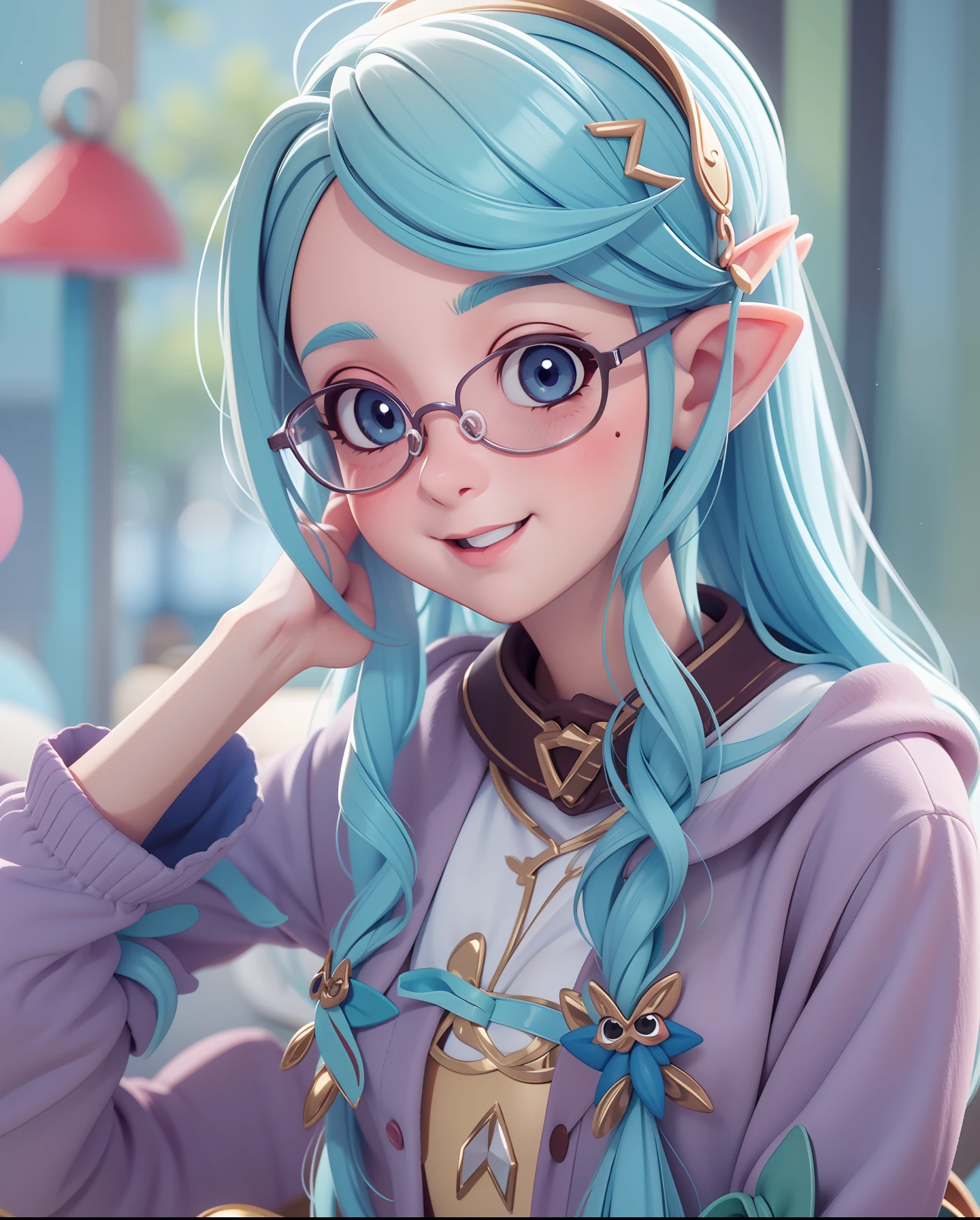 Mystical elf, enchanted forest, close-up revealing otherworldly charm, adorned with intricate gold and silver jewelry, jewels catching the light, light green hair flowing delicately, 1:1 format, soft ethereal glow, fantasy illustrator, detailed and ethereal digital illustration, close-up portrait, gold, silver, and light green color scheme, high-quality and detailed computer graphics, artistic and enchanting quality.