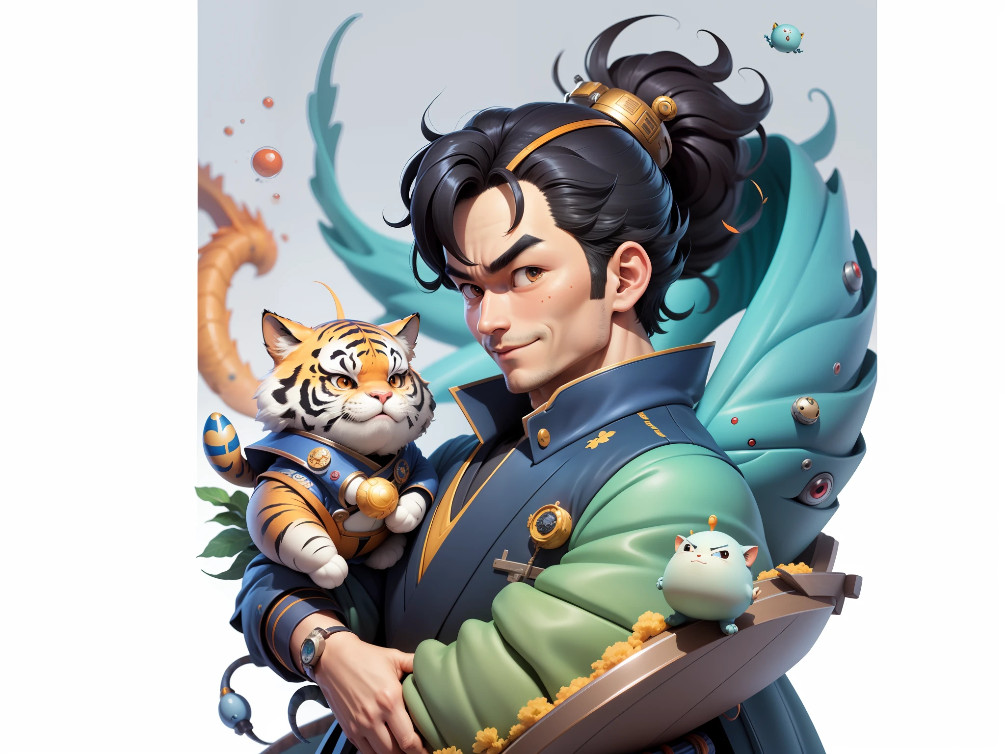 (Masterpiece), (Excellent), (Super Meticulous), (Full Body: 1.2), Super Young Man, Oriental Face, Japanese Kimono, Japanese Wind Thunder God, Dragon, Tiger, TV Anchor, Bust Portrait Illustration, Alone, Black Suit, Blue Tie, Slightly Chubby Face, Very Clean Face, No Beard, Black Super Short Hair, Black Eyes, Confident Smile, 3c Computer Sub-Products, iPad, iPhone, Digital Painting, 3D Character Design by Akira Toriyama and Mark Claireden and Pixar and Hayao Miyazaki, The illustration is a high-definition illustration in 4K resolution with very detailed facial features and cartoon-style visuals.