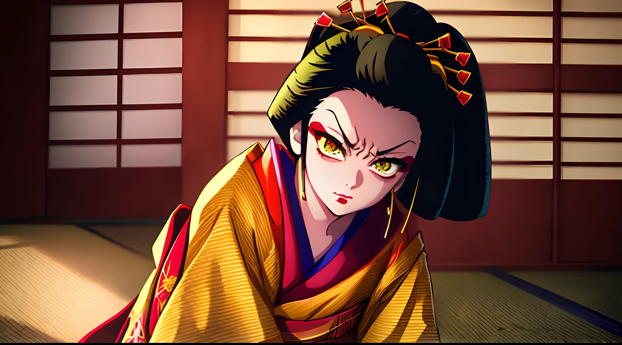 em, 1girl, 独奏, looking a viewer, black hair, hair ornament, Jewelry, closed mouth, Green eyes, Yellow eyes, japanese clothes, kimono, makeup, lipstick, slit pupils, glowing eyes, angry, red-lips, hair stick, indoors, on the tatami