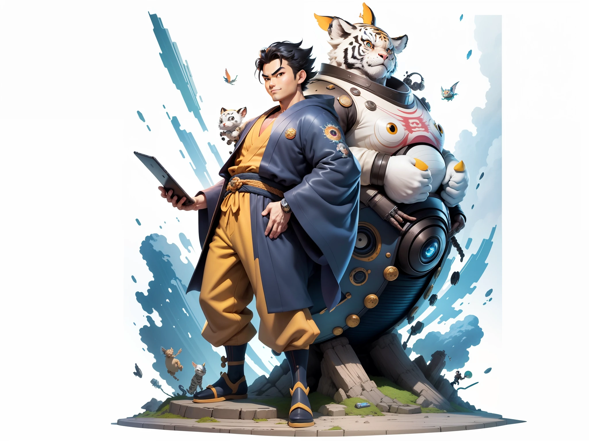 (Masterpiece), (Excellent), (Super Meticulous), (Full Body: 1.2), Super Young Man, Oriental Face, Japanese Kimono, Japanese Wind Thunder God, Dragon, Tiger, TV Anchor, Bust Portrait Illustration, Alone, Black Suit, Blue Tie, Slightly Chubby Face, Very Clean Face, No Beard, Black Super Short Hair, Black Eyes, Confident Smile, 3c Computer Sub-Products, iPad, iPhone, Digital Painting, 3D Character Design by Akira Toriyama and Mark Claireden and Pixar and Hayao Miyazaki, The illustration is a high-definition illustration in 4K resolution with very detailed facial features and cartoon-style visuals.