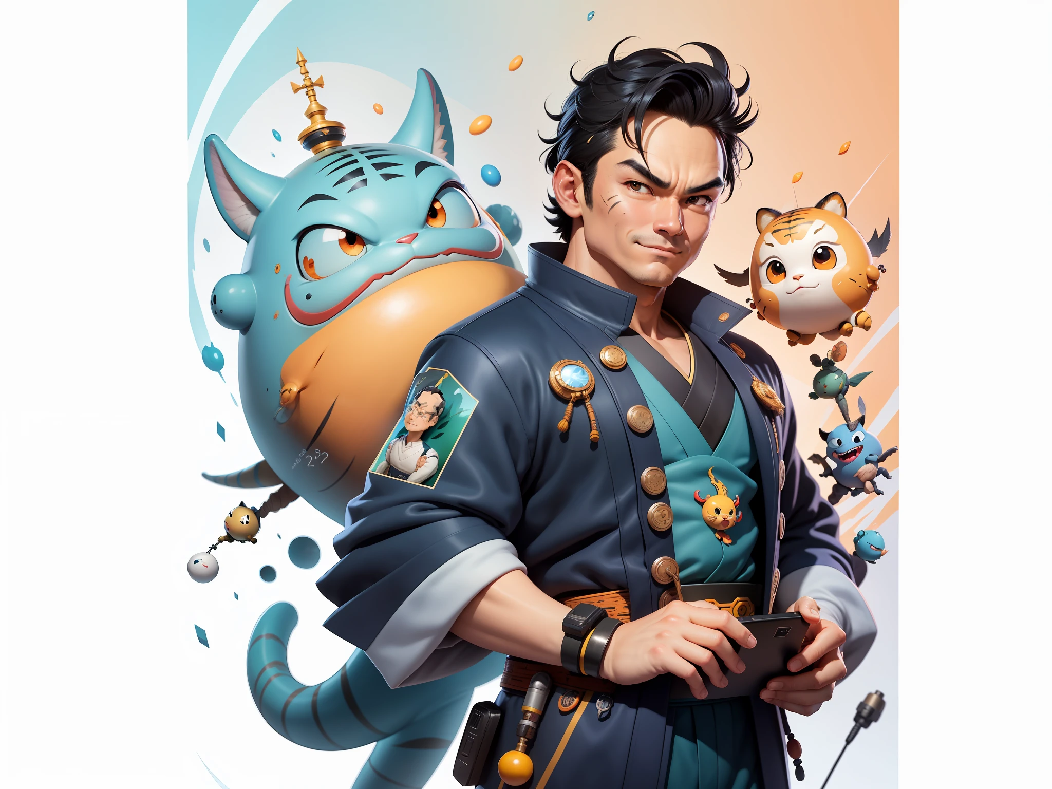 (Masterpiece), (Excellent), (Super Meticulous), (Full Body: 1.2), Super Young Man, Oriental Face, Japanese Kimono, Japanese Wind Thunder God, Dragon, Tiger, TV Anchor, Bust Portrait Illustration, Alone, Black Suit, Blue Tie, Slightly Chubby Face, Very Clean Face, No Beard, Black Super Short Hair, Black Eyes, Confident Smile, 3c Computer Sub-Products, iPad, iPhone, Digital Painting, 3D Character Design by Akira Toriyama and Mark Claireden and Pixar and Hayao Miyazaki, The illustration is a high-definition illustration in 4K resolution with very detailed facial features and cartoon-style visuals.