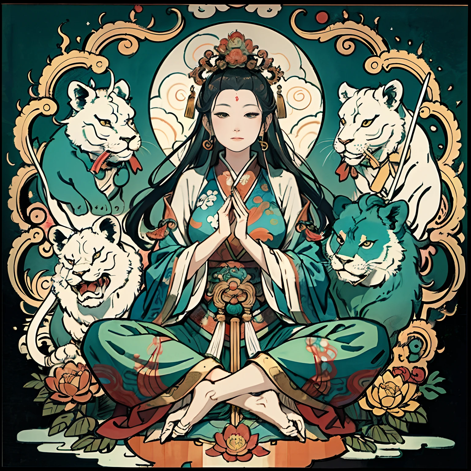 an ancient Chinese goddess, guanyin of the southern seas, Guanyin, Inspired by India, Avalokiteshvara rides a lion,,Serene expression,shui mo hua,Buddha,Buddhist,Lotus,Chinese painting style,Thangka style