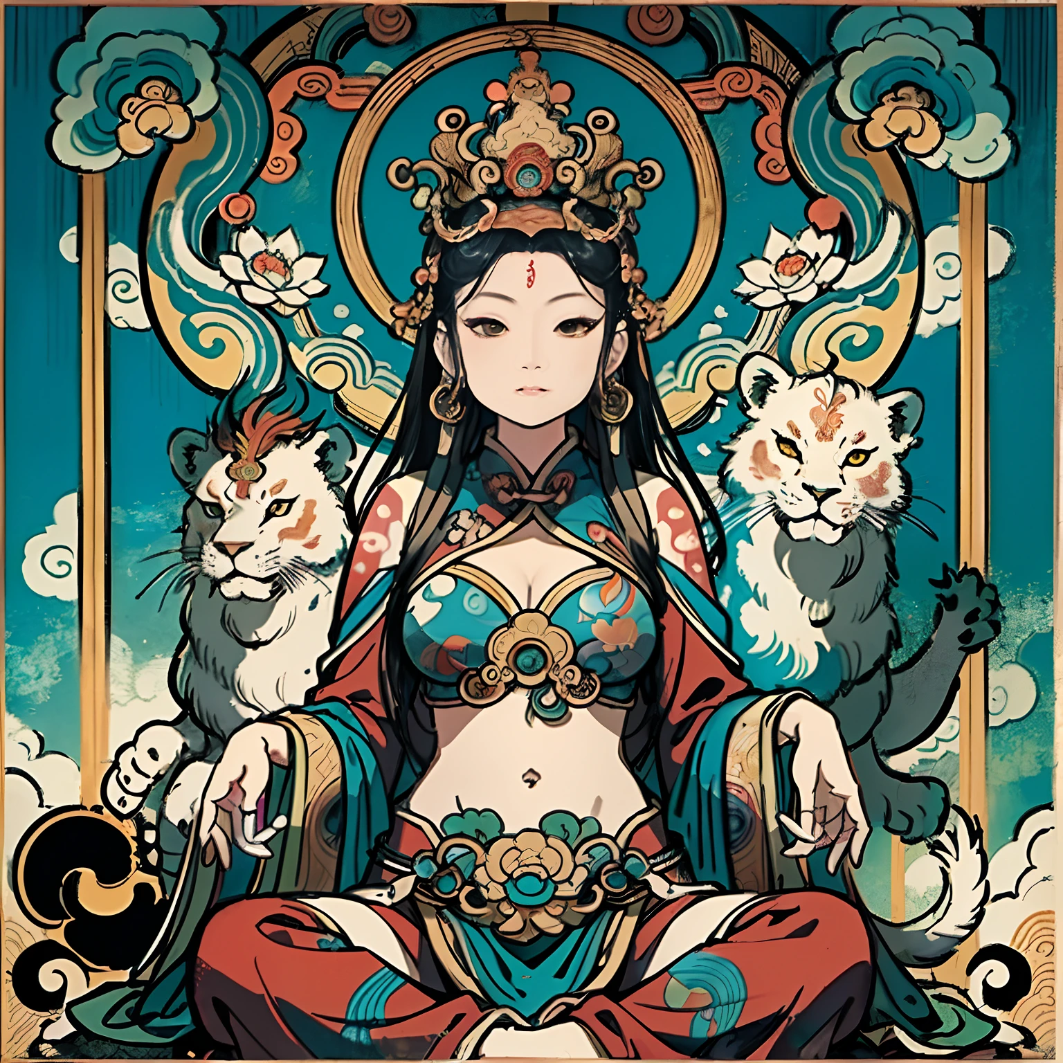 an ancient Chinese goddess, guanyin of the southern seas, Guanyin, Inspired by India, Avalokiteshvara rides a lion,,Serene expression,shui mo hua,Buddha,Buddhist,Lotus,Chinese painting style,Thangka style