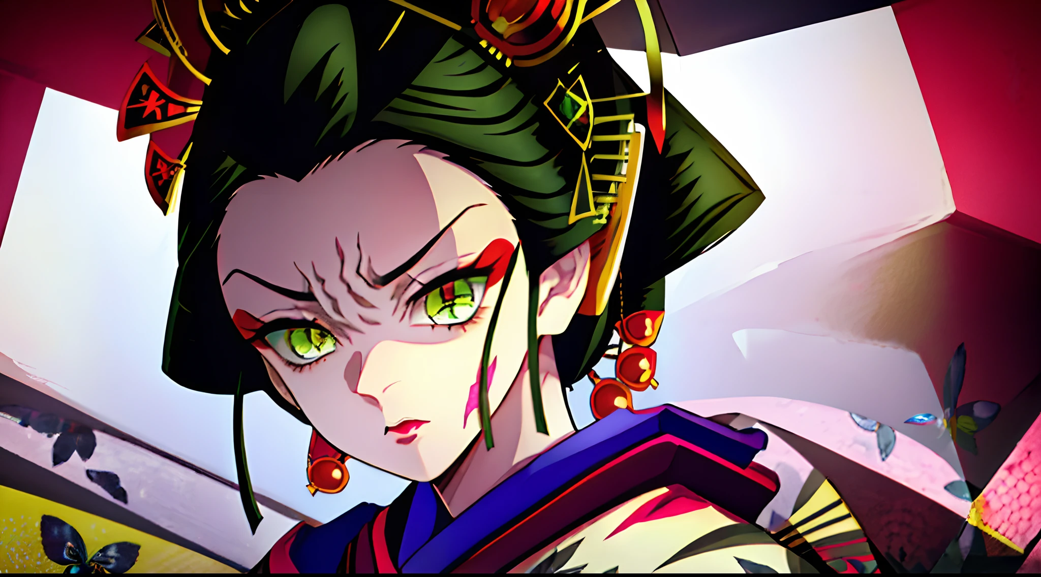em, 1girl, 独奏, looking a viewer, black hair, hair ornament, Jewelry, closed mouth, Green eyes, Yellow eyes, japanese clothes, kimono, makeup, lipstick, slit pupils, glowing eyes, angry, red-lips, hair stick