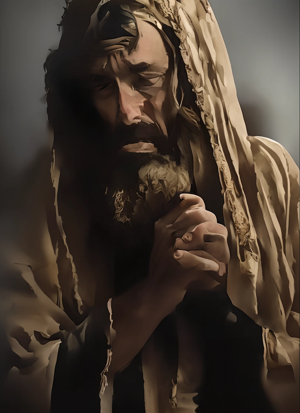 um close up de um homem com barba e manto, praying, kneeling in prayer, doing a prayer, Jesus, Nicodemos, ultra realistic oil painting, Directed by: Scott Gustafson, he has a devastated expression, pintura digital ultra realista, his hands buried in his face, pintura suave ultra realista, with a sad expression, beautiful depiction