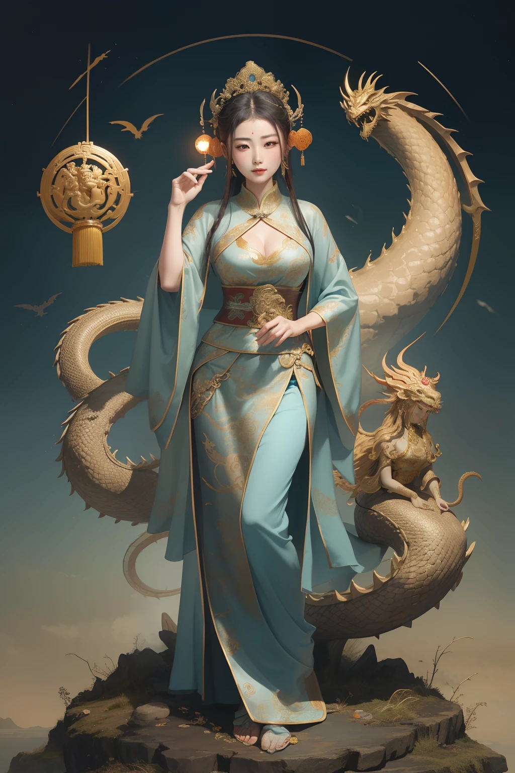 an ancient Chinese goddess, guanyin of the southern seas, Guanyin, Inspired by China, Avalokiteshvara rides a dragon，,Serene expression,shui mo hua,Buddha,Buddhist,Lotus,Chinese painting style,Thangka style