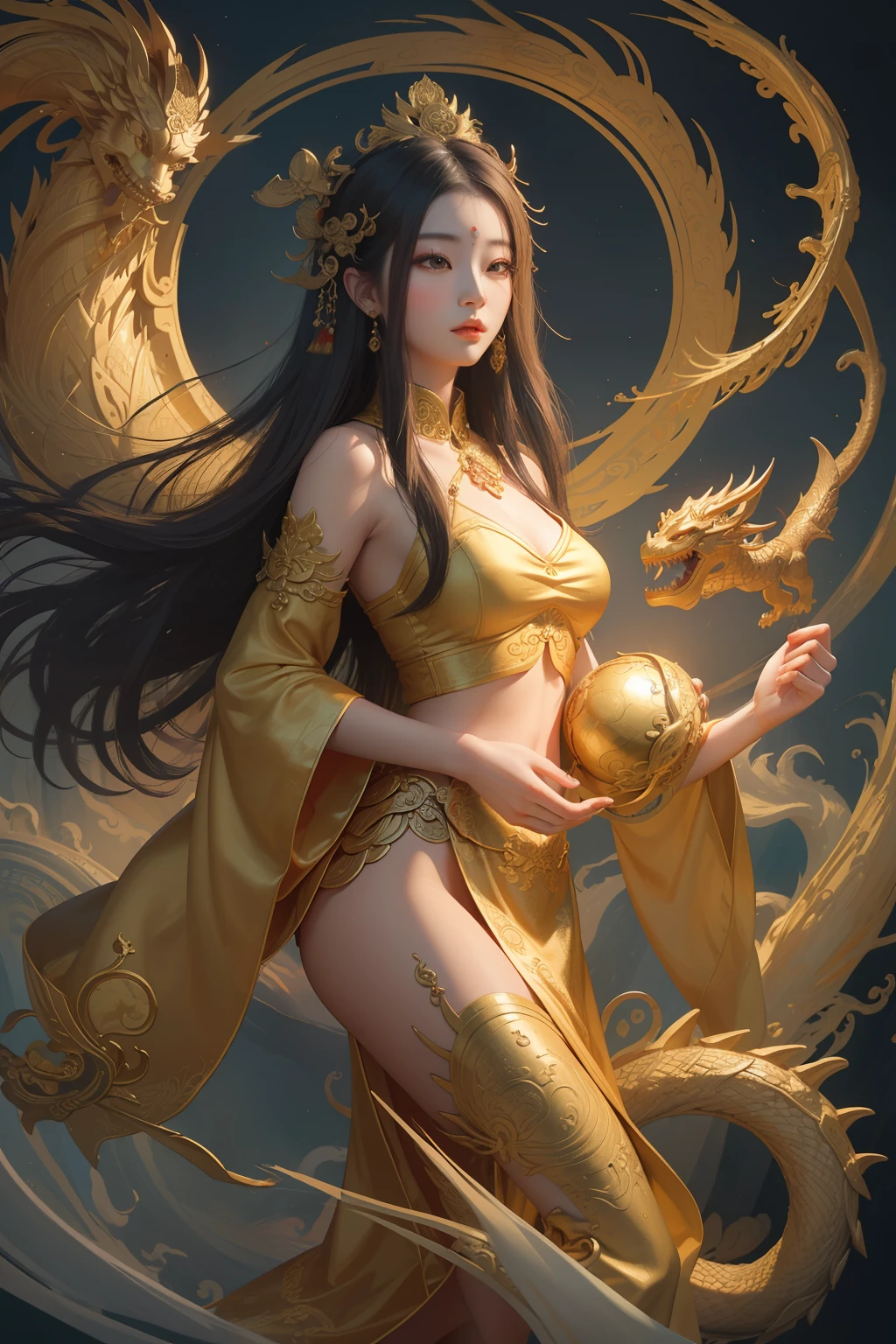 an ancient Chinese goddess, guanyin of the southern seas, Guanyin, Inspired by China, Avalokiteshvara rides a dragon,,Serene expression,shui mo hua,Buddha,Buddhist,Lotus,Chinese painting style,Thangka style