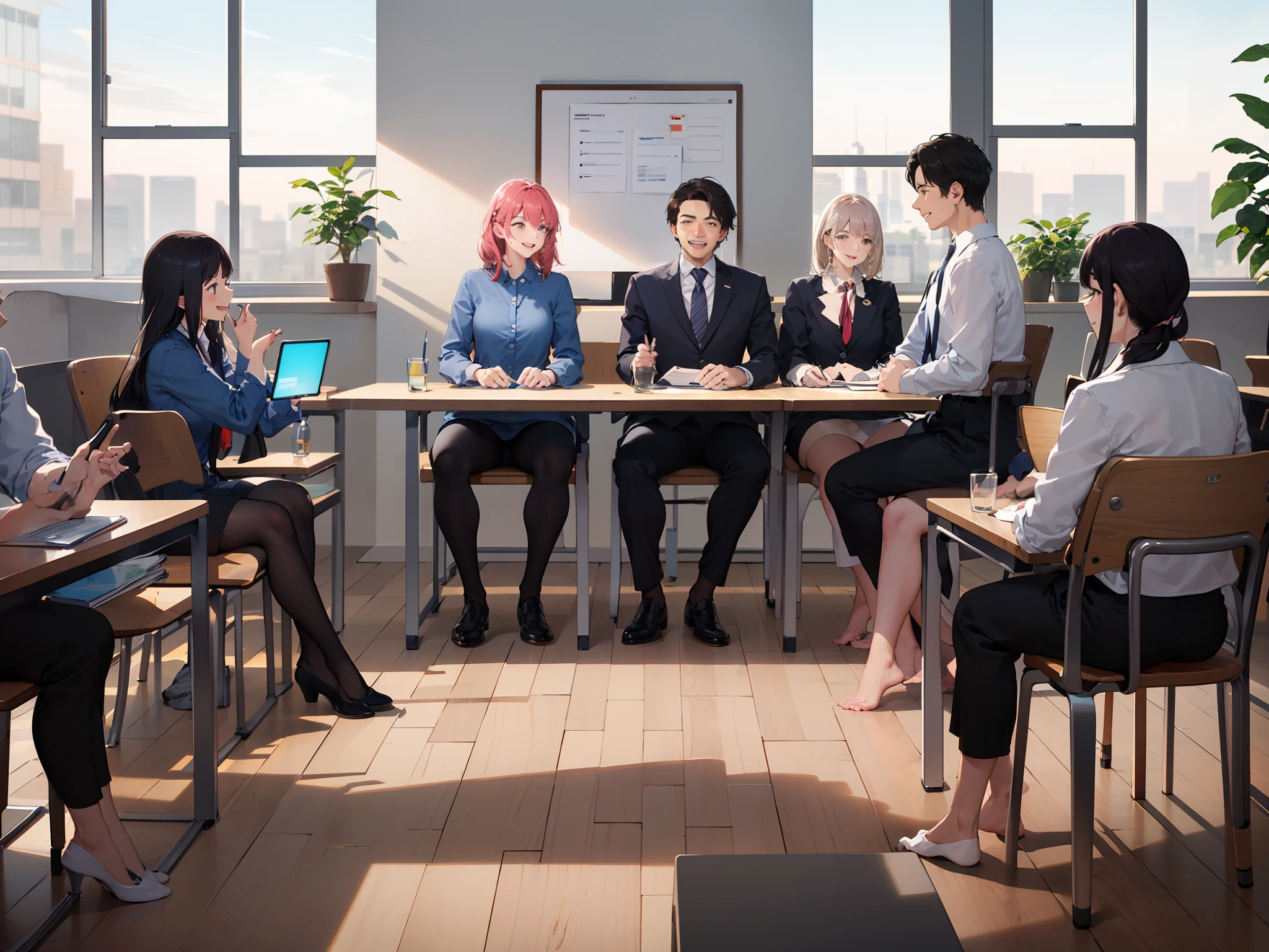 "In a spacious, well-lit meeting room, the mood is relaxed and full of energy. The company's president, Mr. Rodrigues, is seated at the head of the long conference table, a satisfied smile on his face. more informally than usual, they are excitedly discussing the excellent results the company achieved in the last quarter. Colorful charts and well-organized reports are spread across the table, as employees share their opinions and ideas. There is laughter in the air, and the Collaborative climate is evident as everyone expresses their enthusiasm for the achievement. As the meeting progresses, it is apparent that the company culture favors openness, creativity and the celebration of achievements in a relaxed and productive environmen