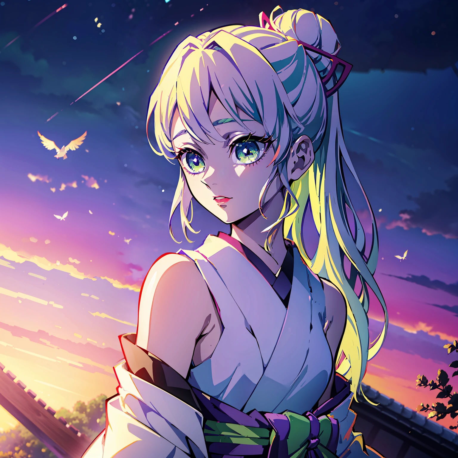 Kimetsu no Yaiba style, (((1girl))), 独奏, green colored eyes, white colored hair, extra very long hair, double bun, hairpin, Sleeveless lilac kimonos, detached sleeves, Obi Green Belt, painted lips, hair ornament, ssmile, in the woods, Birds fly in the sky, Evening sky, Sundown, Fireflies, Lilac shadows on the eyelids, makeup, ((Masterpiece)), ((portraite of a)), in a Japanese house, (tmasterpiece), (beste-Qualit), (overdetalization),(straight hair),(illustartion), (a 1girl), (trendy clothes), stands, Model, looks at the viewer, (interview), (Simple background), beautiful detail eyes, Gentle beautiful face, soaring, (high saturation), (Colorful splashes), Colorful Bubble, (radiance), facial focus, (radiance), better lighting, better shadow, (tmasterpiece, hiquality, beste-Qualit), 8k wall paper, super detaill,