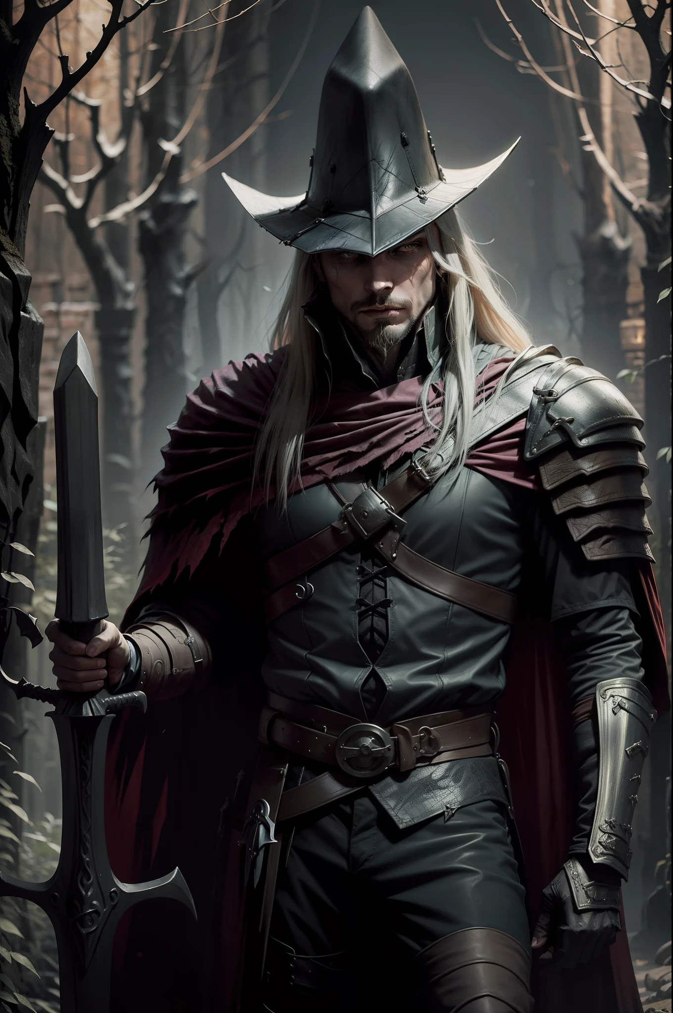 "Handsome male with long dirty blonde hair and goatee, dressed in a vampire hunter leather outfit, wearing a pointy hat, holding a crossbow. The background is a dark forest. Capture the vibe of Van Helsing. Full body portrait. Masterpiece quality, Dungeons & Dragons art style."