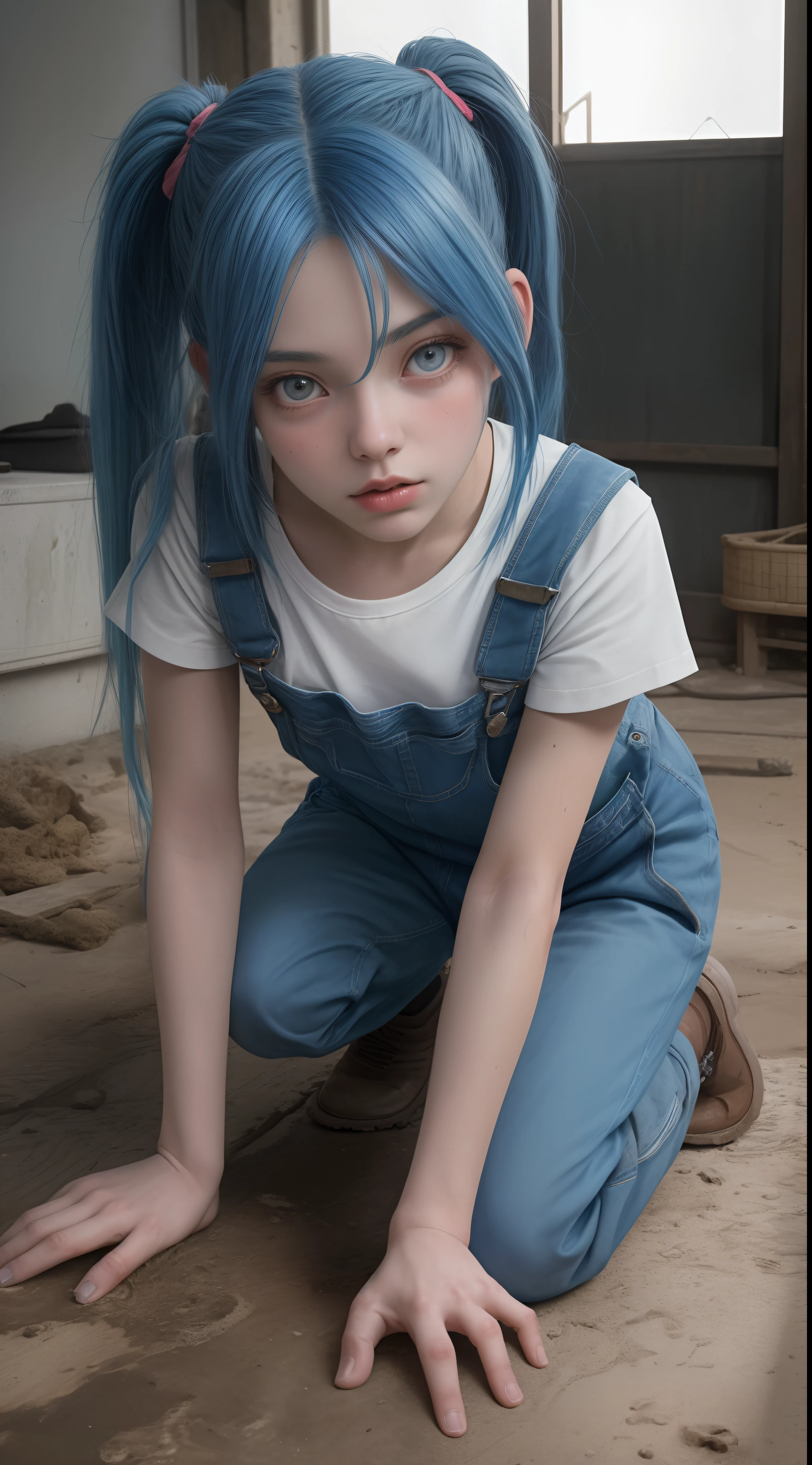 1 girl of 18 blue hair in overalls, on all fours on the floor looking at camera angle from close up,cabelo pigtails, seios grandes,na praia ensolarado,8k ultra realista