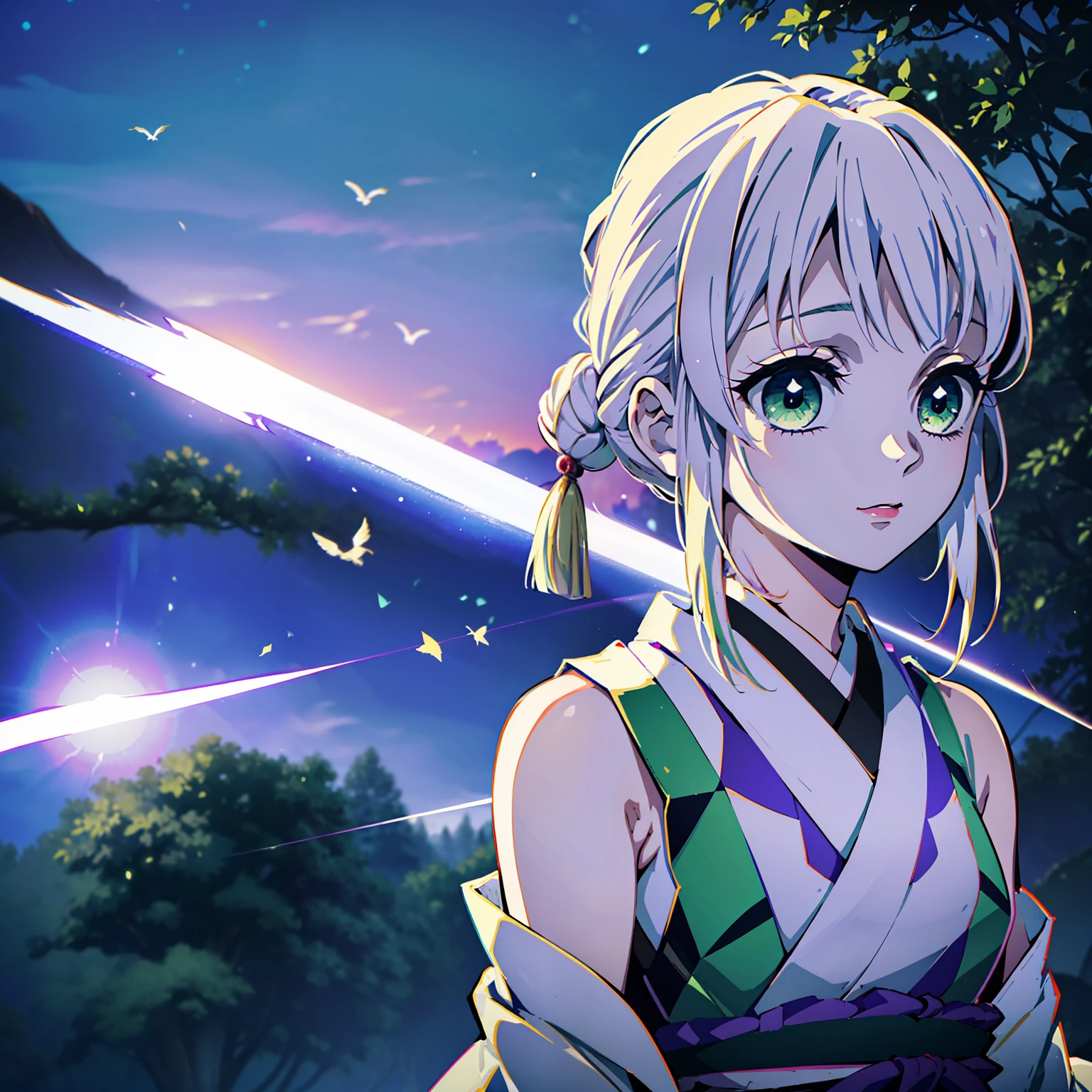 Kimetsu no Yaiba style, (((1girl))), 独奏, green colored eyes, white colored hair, extra very long hair, double bun, hairpin, Sleeveless lilac kimonos, detached sleeves, Obi Green Belt, painted lips, hair ornament, ssmile, in the woods, Birds fly in the sky, Evening sky, Sundown, Fireflies, Lilac shadows on the eyelids, makeup, ((Masterpiece)), ((portraite of a)), in a Japanese house, (tmasterpiece), (beste-Qualit), (overdetalization),(straight hair),(illustartion), (a 1girl), (trendy clothes), stands, Model, looks at the viewer, (interview), (Simple background), beautiful detail eyes, Gentle beautiful face, soaring, (high saturation), (Colorful splashes), Colorful Bubble, (radiance), facial focus, (radiance), better lighting, better shadow, (tmasterpiece, hiquality, beste-Qualit), 8k wall paper, super detaill,