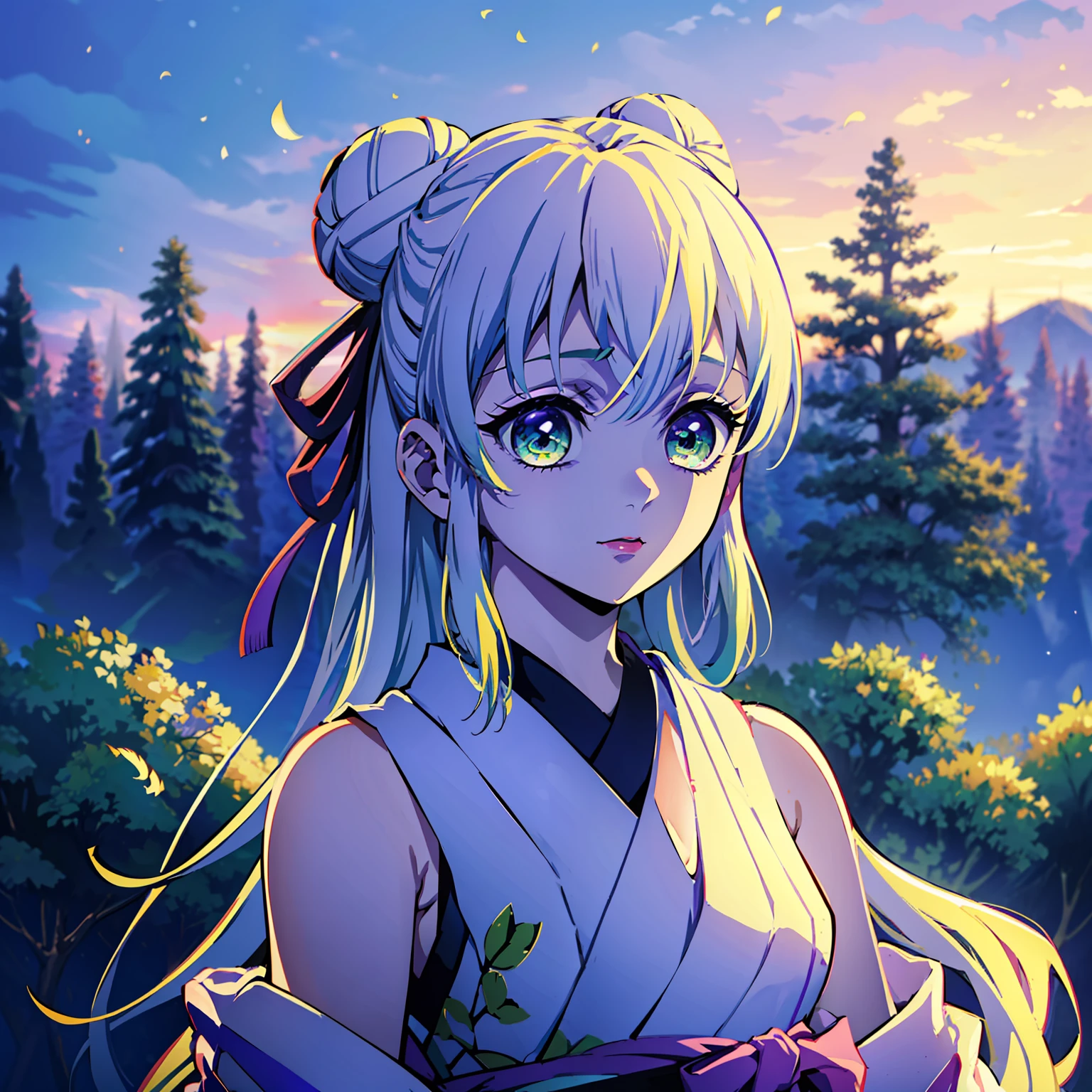 Kimetsu no Yaiba style, (((1girl))), 独奏, green colored eyes, white colored hair, extra very long hair, double bun, hairpin, Sleeveless lilac kimonos, detached sleeves, Obi Green Belt, painted lips, hair ornament, ssmile, in the woods, Birds fly in the sky, Evening sky, Sundown, Fireflies, Lilac shadows on the eyelids, makeup, ((Masterpiece)), ((portraite of a)), in a Japanese house, (tmasterpiece), (beste-Qualit), (overdetalization),(straight hair),(illustartion), (a 1girl), (trendy clothes), stands, Model, looks at the viewer, (interview), (Simple background), beautiful detail eyes, Gentle beautiful face, soaring, (high saturation), (Colorful splashes), Colorful Bubble, (radiance), facial focus, (radiance), better lighting, better shadow, (tmasterpiece, hiquality, beste-Qualit), 8k wall paper, super detaill,