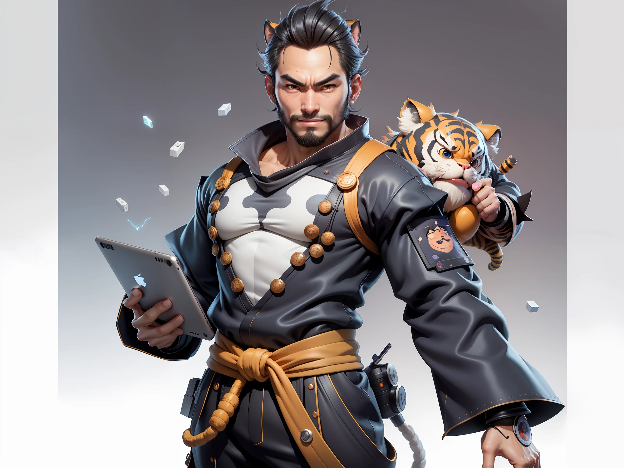 (Daisaku),(Need),(Super meticulous),(full bodyesbian:1.2),Super young man with Japanese geisha，Beautiful，orient，one tiger，Aeolian Thor，Raised sexy，爆乳，Oriental face，TV Anchor，Bust portrait illustration，In black suit，a blue tie，The face is slightly chubby，The face was clean，without a beard，Black super short hair，Black eyes，Smile confidently，3C computer sub-products，iPad， iphone，Digital painting，3D character design by Mark Clairen and Pixar and Hayao Miyazaki and Akira Toriyama，The illustration is a high-definition illustration in 4K resolution，With very detailed facial features and cartoon-style visuals。