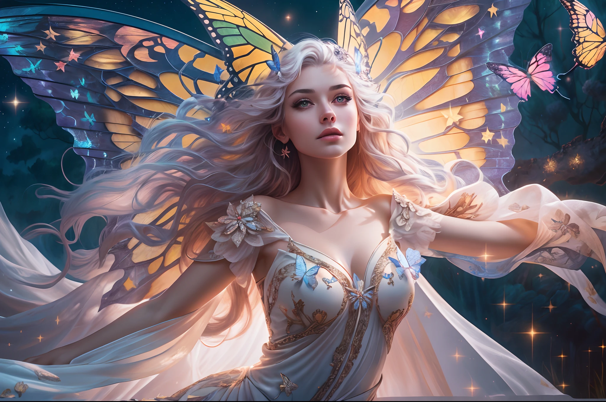 arafed,  a picture of an exquisite beautiful fairy woman flying at starry night sky at the forest, dynamic angle (ultra detailed, Masterpiece, best quality), ultra detailed face (ultra detailed, Masterpiece, best quality), ultra feminine, fare skin, azure hair, wavy hair, dynamic eyes color, glowing eyes, intense eyes, wearing white dress, elegant silk dress (ultra detailed, Masterpiece, best quality), spread butterfly wings (ultra detailed, Masterpiece, best quality), dynamic colors, wearing high heeled boots, sky full of stars background, moon, best details, 8k, [ultra detailed], masterpiece, best quality, (ultra detailed), full body, ultra wide shot, photorealism, fantasy art, Larry Elmore style,