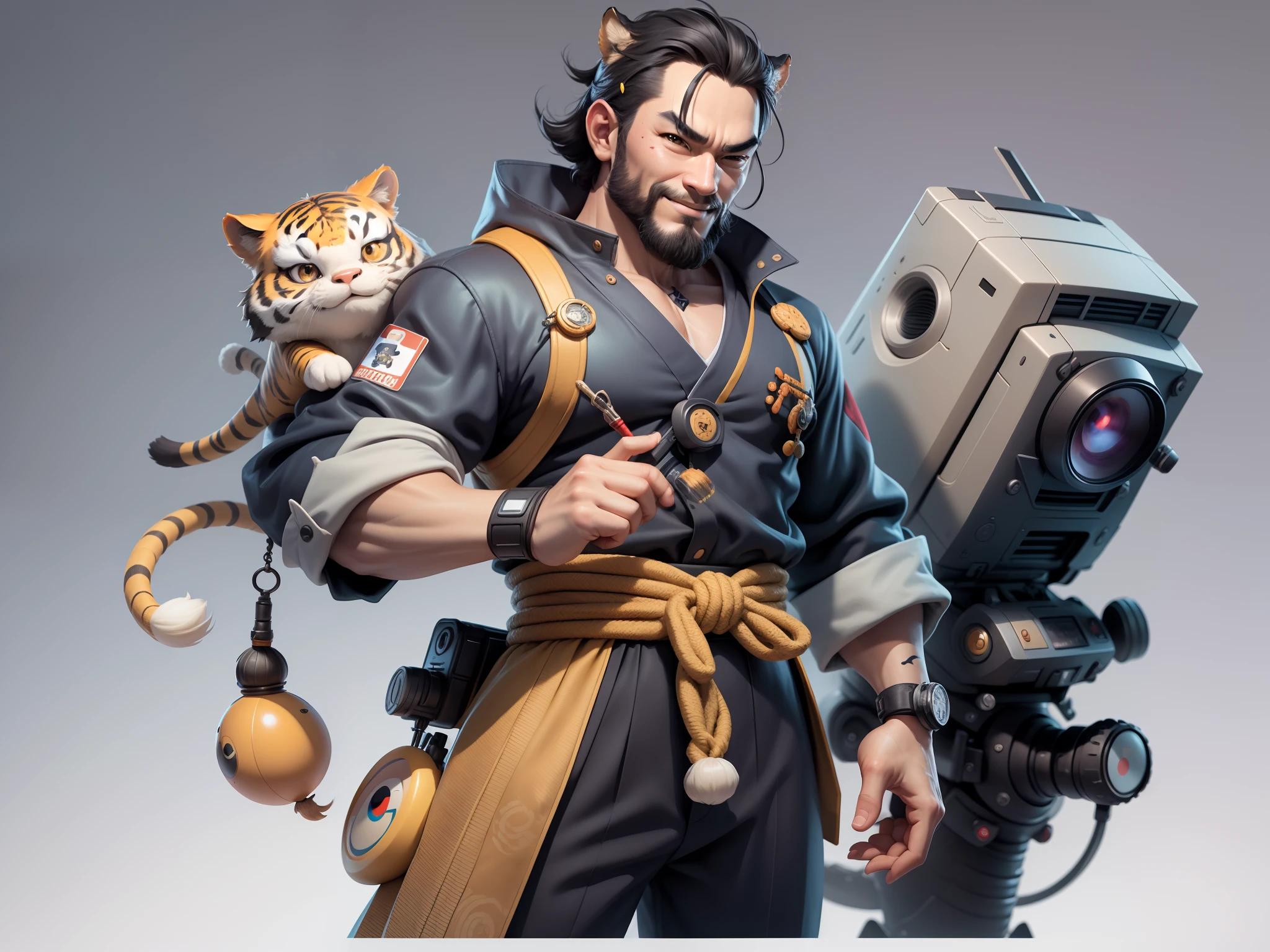 (Daisaku),(Need),(Super meticulous),(full bodyesbian:1.2),Super young man with Japanese geisha,Beautiful,orient,one tiger,Aeolian Thor,Raised sexy,爆乳,Oriental face,TV Anchor,Bust portrait illustration,In black suit,a blue tie,The face is slightly chubby,The face was clean,without a beard,Black super short hair,Black eyes,Smile confidently,3C computer sub-products,iPad, iphone,Digital painting,3D character design by Mark Clairen and Pixar and Hayao Miyazaki and Akira Toriyama,The illustration is a high-definition illustration in 4K resolution,With very detailed facial features and cartoon-style visuals。