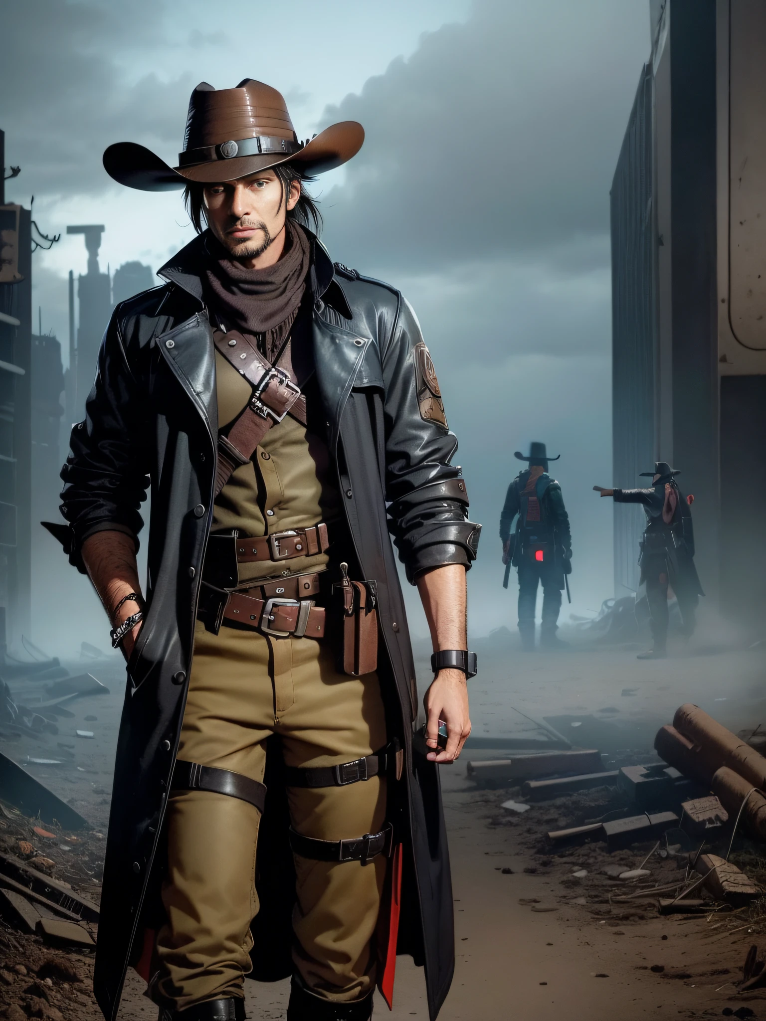 there is a man in a hat and trench coat , in a post apocalyptic setting, cyberpunk wild west, post - apocalyptic cowboy, post apocalyptic explorer, post apocalyptic style, cyberpunk style outfit, post apocalyptic, cinematic full body shot, post apocalyptic attire, cyberpunk , western cyberpunk