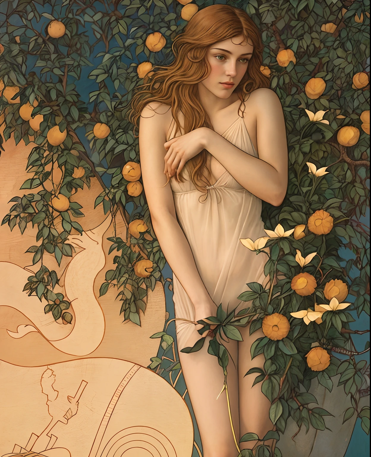 There is a painting of a woman standing on a tree, inspired by Eugène Grasset, inspirado em Carlos Schwabe, inspirado em James C. Christensen, inspirado em Edward Robert Hughes, Eugene Grasset, Directed by: Eugène Grasset, inspirado em Walter Crane, Sam Guay, Estilo de Carlos Schwabe, em uma mistura de estilo de botticelli, realista,