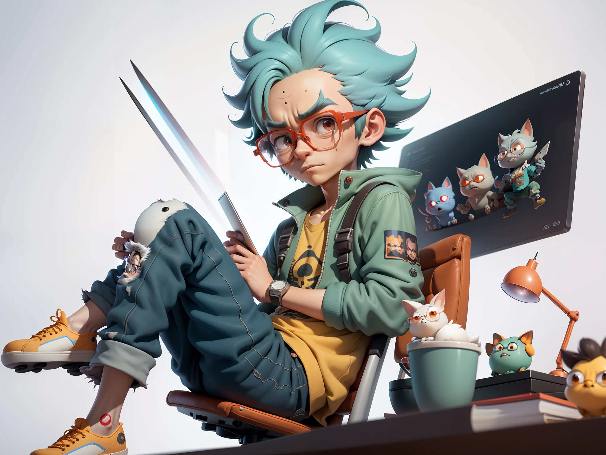 A young man with glasses sits at his desk,holding laptop,digitial painting,3D character design by Mark Clairen and Pixar and Hayao Miyazaki and Akira Toriyama,4K HD illustration,Very detailed facial features and cartoon-style visuals。