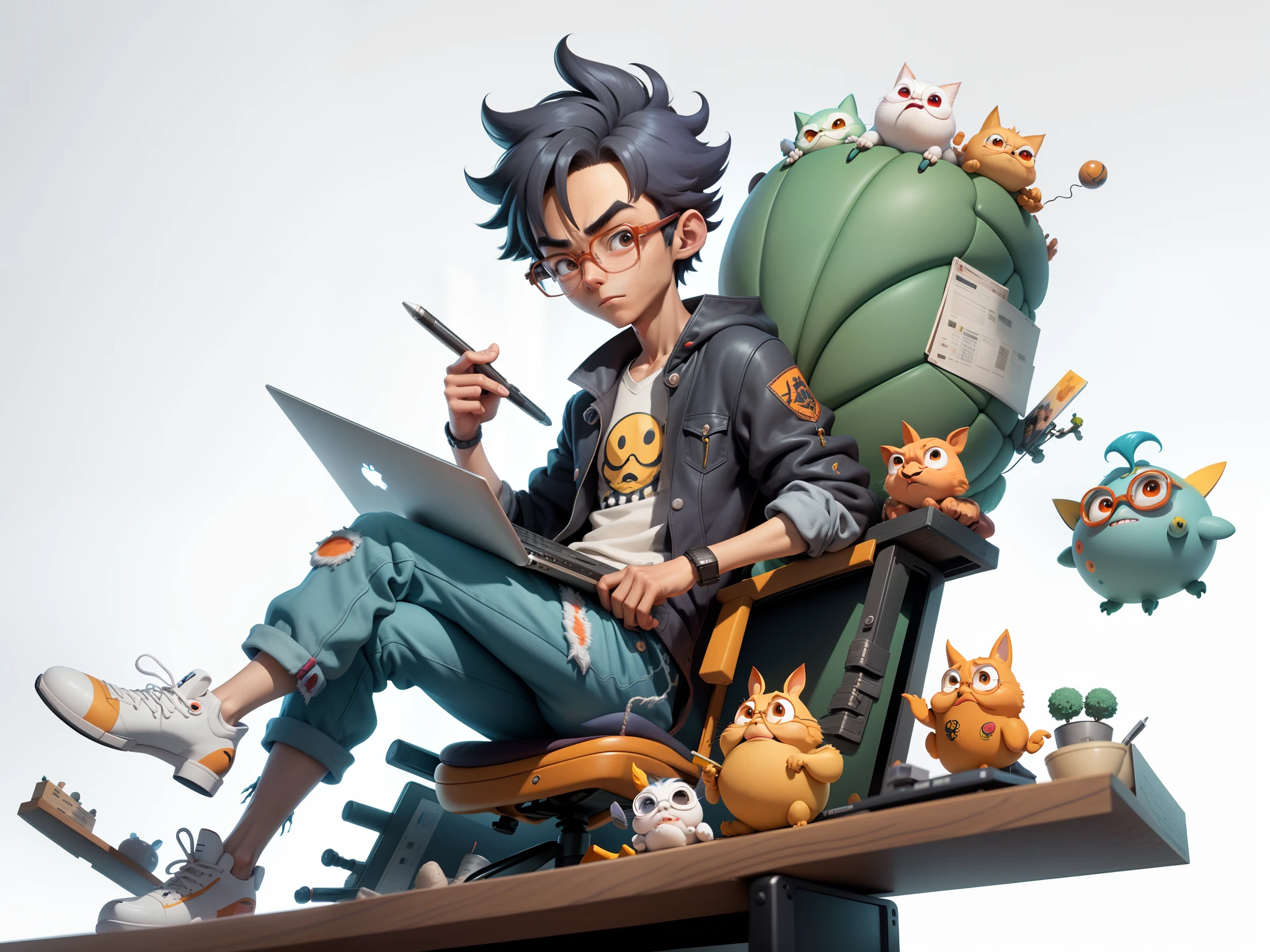 A young man with glasses sits at his desk,holding laptop,digitial painting,3D character design by Mark Clairen and Pixar and Hayao Miyazaki and Akira Toriyama,4K HD illustration,Very detailed facial features and cartoon-style visuals。