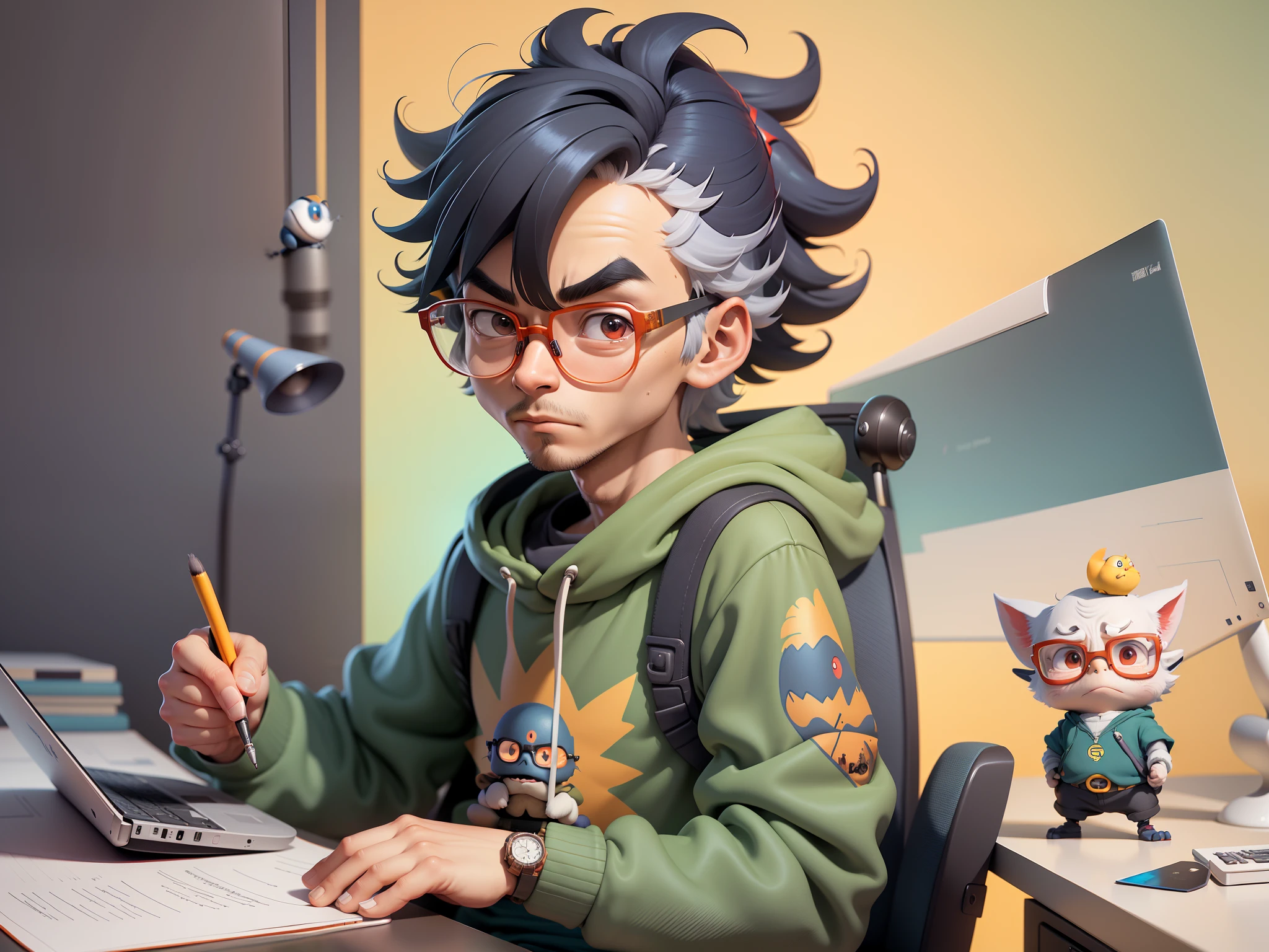 A young man with glasses sits at his desk,holding laptop,digitial painting,3D character design by Mark Clairen and Pixar and Hayao Miyazaki and Akira Toriyama,4K HD illustration,Very detailed facial features and cartoon-style visuals。