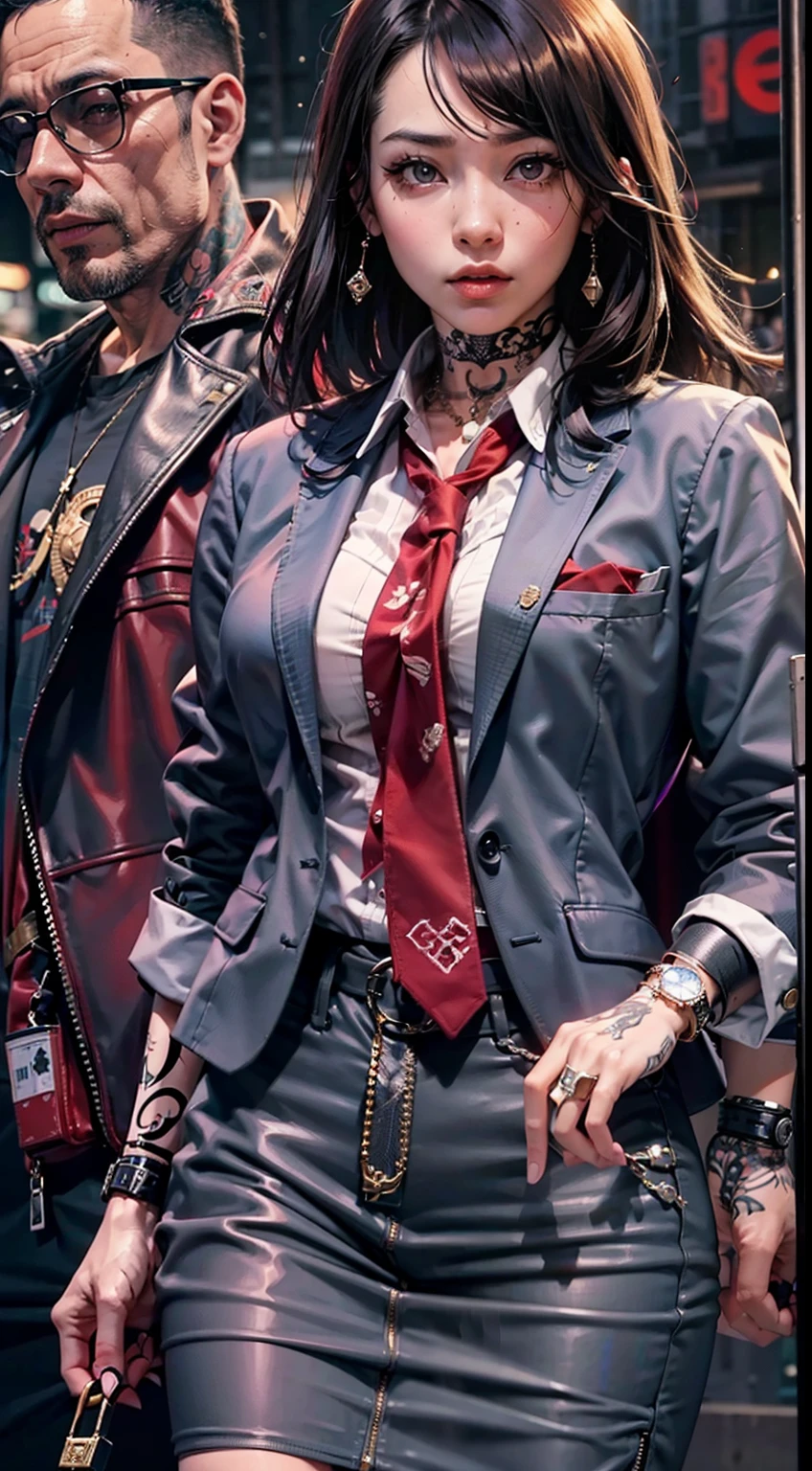 A gangster boss on the streets of Japan, A group of gang members stood behind,angry look,Mixed Korean,The background is blurred out,focal,电影灯光,(((tmasterpiece))), ((best qualtiy)), ((Complex and detailed)), ((ultra-realistic realism)), Ridiculous resolution, A MILF, Mature woman, ssee-through, highly detailed, illustratio, 1girll, (huge tit), Thin waist and thick hips,long leges,beatiful detailed eyes, short detailed hair, brunette color hair, a purple eye, (Gangster suit:1.2),Tattooed with,Large flower arms,Full of tattoos,Japanese yakuza,Kamami Yamaguchi,Japanese Yamaguchi-gumi,Japanese yakuza woman,The Underworld,full tattoo,Gangster boss,Lunette de soleil,a skirt,and there is blood on the corners of your mouth,Gang boss,bandage on hands,Bloody violence,Sexy and feminine,(No underwear),pantiess, detailed back ground, perfect eyes, Seductive eye, (nice hand),Detail hands,looking at viewert,From the front,Wear light,(Bloody gangsters),Suit thugs,