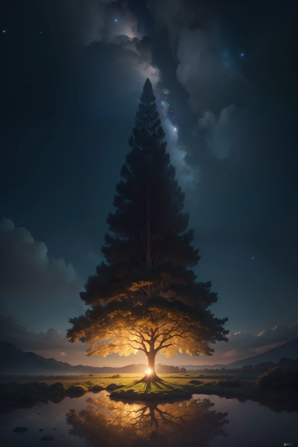 Illustration of a hyperrealistic scene, de outro mundo, Ultrasky with full body of a giant crystal tree, Very detailed and magical lighting, detalhes intrincados da floresta, vegetation and river around, solarpunk, paisagem, giant tree, beautiful leaves with beautiful lighting and realistic proportions, as if it were a cinematic background, 8k, max quality, obra-prima, Clouds and stars in the sky. tamanho 1.280 px por 720 px horizontal