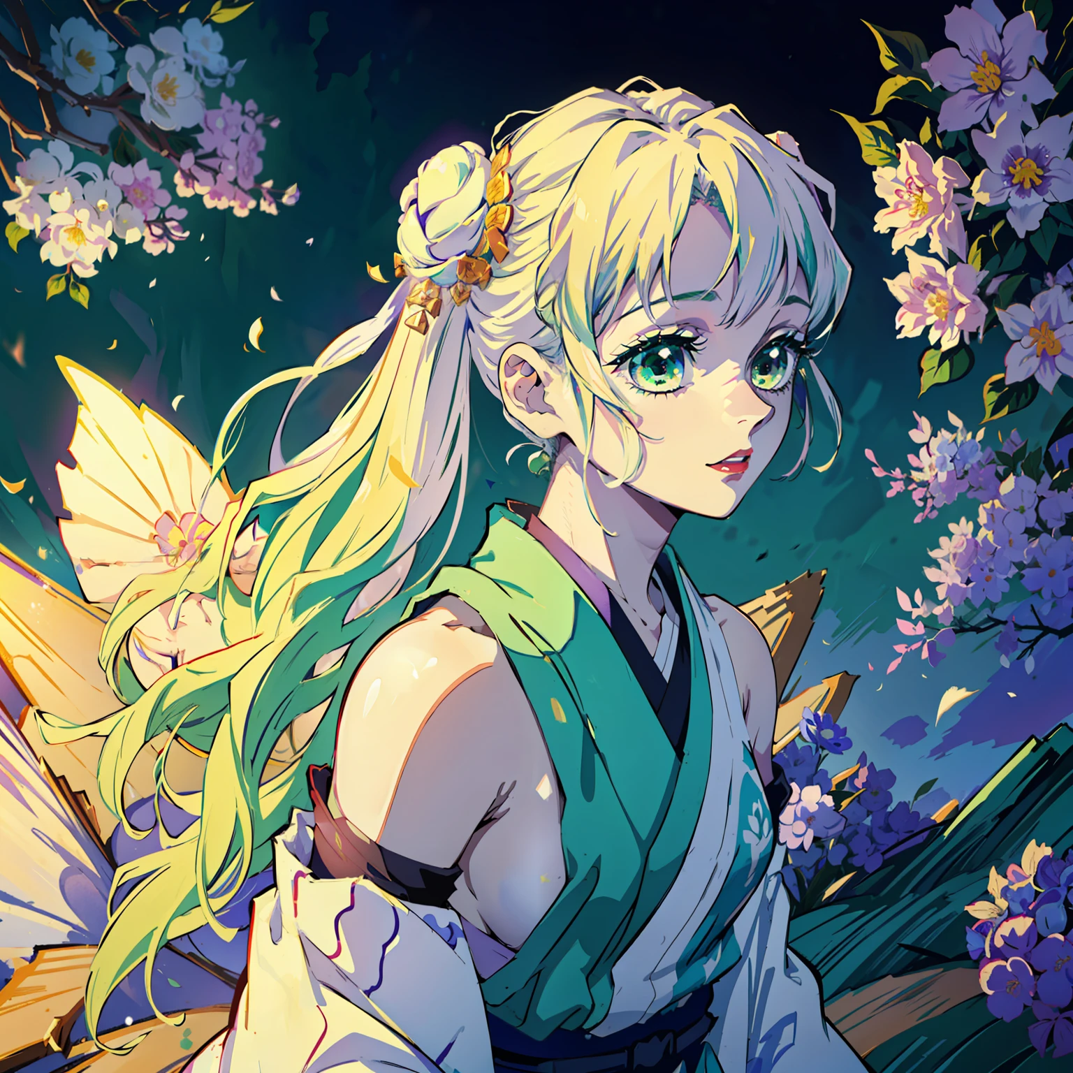 Kimetsu no Yaiba style, (((1girl))), 独奏, green colored eyes, white colored hair, extra very long hair, double bun, hairpin, Sleeveless lilac kimonos, detached sleeves, Obi Green Belt, painted lips, hair ornament, ssmile, On a flower meadow, Early in the morning. rise, Lilac shadows on the eyelids, makeup, ((Masterpiece)), (tmasterpiece), (beste-Qualit), (overdetalization),(straight hair),(illustartion), (a 1girl), (trendy clothes), stands, Model, looks at the viewer, (interview), (Simple background), beautiful detail eyes, Gentle beautiful face, soaring, (high saturation), (Colorful splashes), Colorful Bubble, (radiance), facial focus, (radiance), better lighting, better shadow, (tmasterpiece, hiquality, beste-Qualit), 8k wall paper, super detaill,