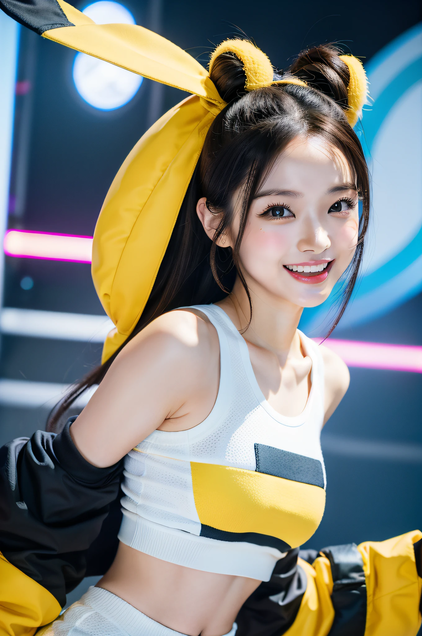 Create a hyper-realistic, High-definition video that captures the essence of idols, Eri Kamei, Cosplay as Pokémon Pikachu. The focus should be on her adorable and cute attitude, Complemented by Pikachu's iconic yellow and black colors. The image is、Must radiate the energy of a live concert or performance, Focusing on Eri Kamei. Make sure her teeth are white and shiny, In addition to her radiant smile. The background should be reminiscent of Pokémon Arena, With subtle hints of Pokémon balls and other Pokémon elements. Lighting should be dramatic, Emphasize her from the front, Cast soft shadows behind. The overall color palette should be vivid, Yellow predominates, Black, Eta、Subtle color tips for other Pokémon. The composition should be tight, Focus on her, Uses a high-resolution 16K camera with a 50mm lens, Ensuring every detail, From the texture of the cosplay costume to the nuances of facial expressions, is captured. Images must be in square format, Great for Instagram posts.
--ar1:1 - V 5.1 --Style raw --Q 2 --S 750