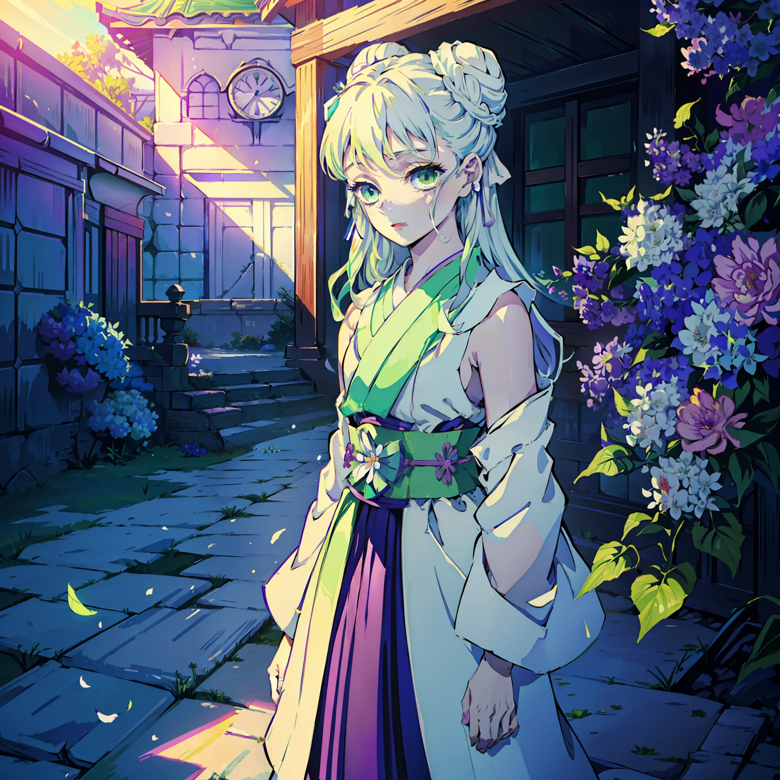Kimetsu no Yaiba style, (((1girl))), 独奏, green colored eyes, white colored hair, extra very long hair, double bun, hairpin, Sleeveless lilac kimonos, detached sleeves, Obi Green Belt, painted lips, hair ornament, ssmile, On a flower meadow, Early in the morning. rise, Lilac shadows on the eyelids, makeup, ((Masterpiece)), (tmasterpiece), (beste-Qualit), (overdetalization),(straight hair),(illustartion), (a 1girl), (trendy clothes), stands, Model, looks at the viewer, (interview), (Simple background), beautiful detail eyes, Gentle beautiful face, soaring, (high saturation), (Colorful splashes), Colorful Bubble, (radiance), facial focus, (radiance), better lighting, better shadow, (tmasterpiece, hiquality, beste-Qualit), 8k wall paper, super detaill,