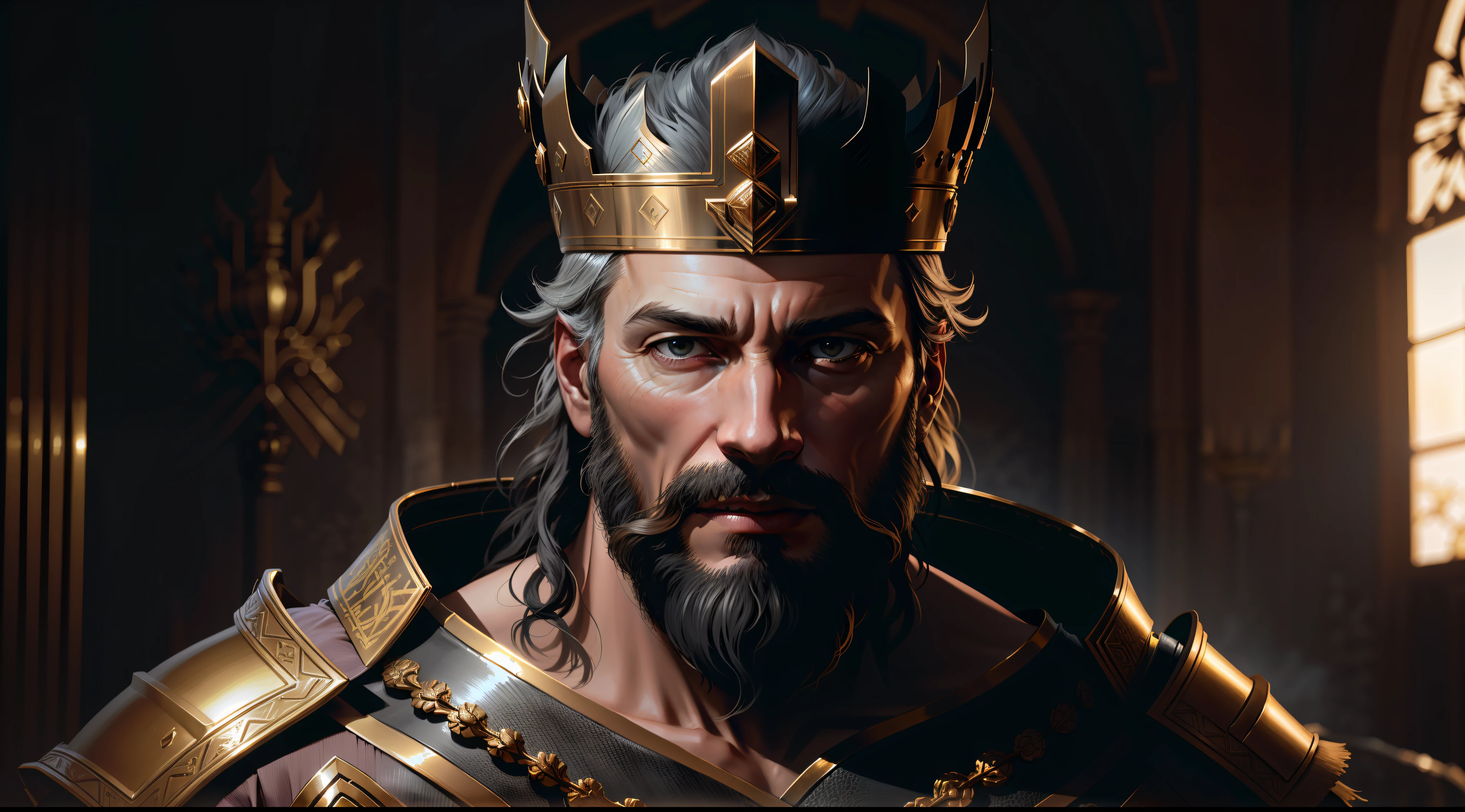 best quality, 500px, cgsociety, 8k, raw photo of (beautiful: 1.2) human king, dress king's crown, king's armor, 40yo, beard, in castle, full body, ambient light, backlight, volumetric lighting, realistic, realistic lighting, cinematic lighting, depth of field, sharp focus, (high contrast: 1.2), (film grain), side