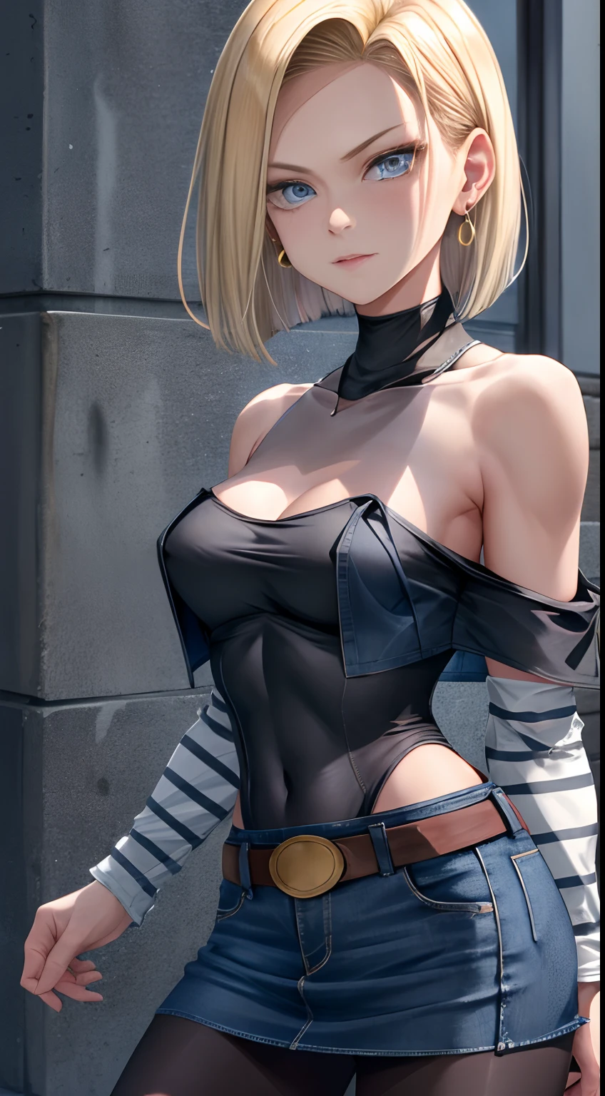best quality, highres, and18, 1girl, android 18, solo, blonde hair, blue eyes, short hair, earrings, jewelry, denim vest, open vest, black pantyhose, black shirt, denim skirt, striped long sleeves, blue skirt, medium breasts, cowboy shot, street,  (Externally expanded Chest:1.2), (Strapless:1.2), off-the-shoulder,